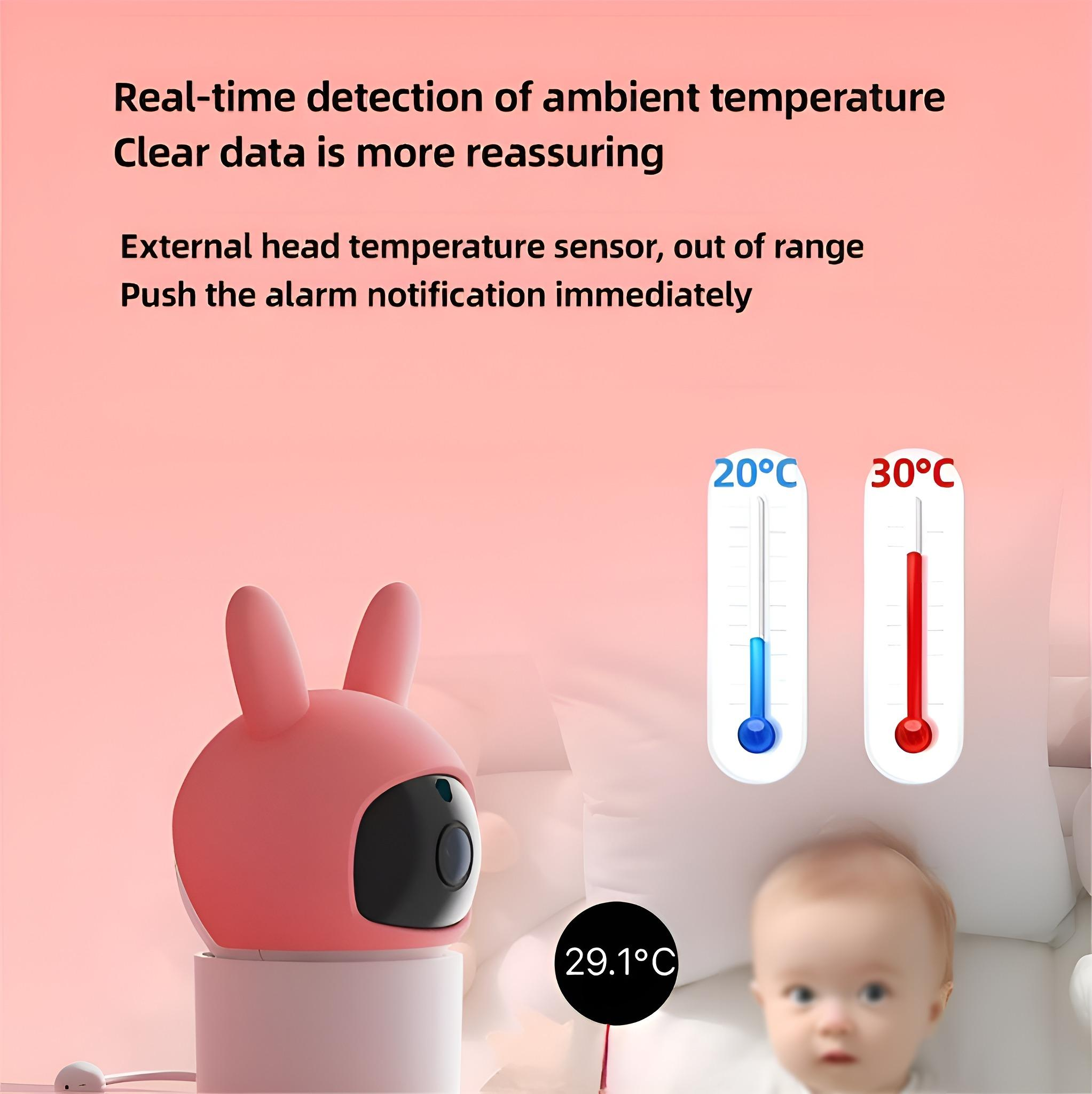 Rosa, hasenförmiger Temperaturmonitor, zeigt Temperaturwerte an, mit einem Baby im Hintergrund und Text zur Temperaturmessung.
