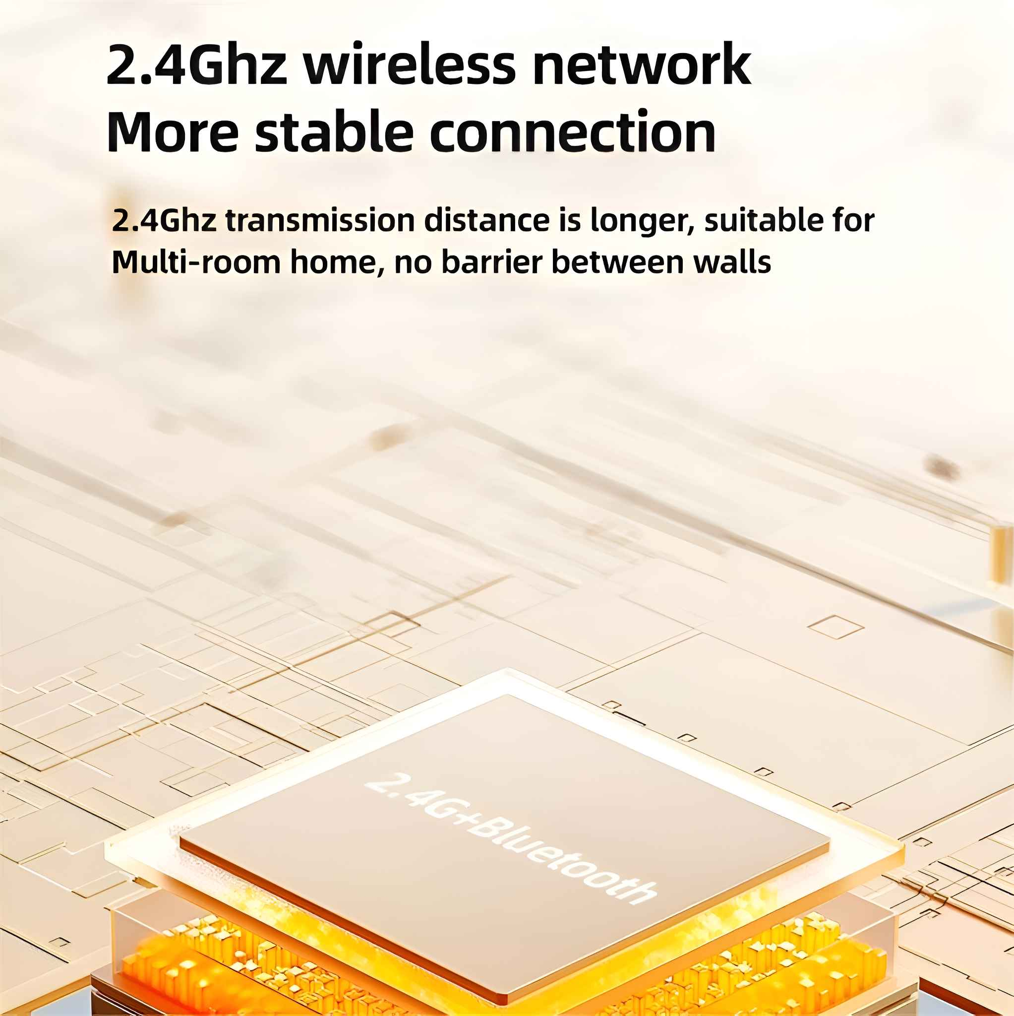 Das Bild zeigt Text über ein 2,4-GHz-WLAN. Ein 2,4G+Bluetooth-Gerät wird mit einer wabenartigen Struktur angezeigt.