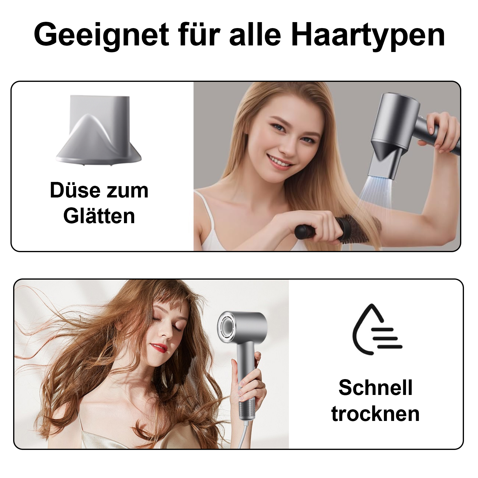 Das Bild zeigt einen Haartrockner mit verschiedenen Düsen und Frauen, die ihn benutzen. Der Text auf Deutsch lautet 'Geeignet für alle Haartypen'.