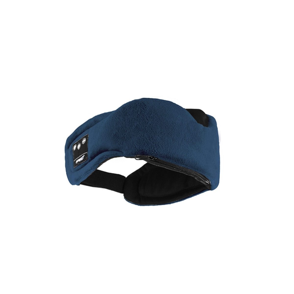 Eine marineblaue Schlafmaske mit Reißverschluss und Bedienfeld. Die Maske befindet sich auf weißem Hintergrund. Sie hat einen schwarzen Riemen.