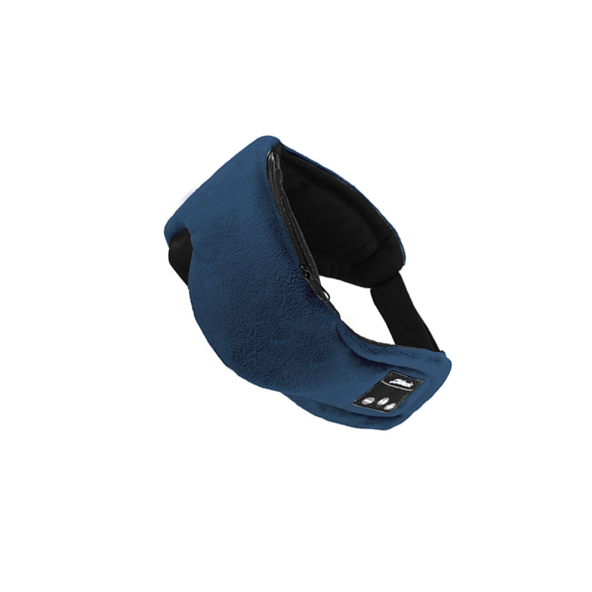 Eine blaue Schlafmaske wird gezeigt. Sie hat einen Reißverschluss, einen schwarzen Riemen und Steuertasten. Der Hintergrund ist weiß.