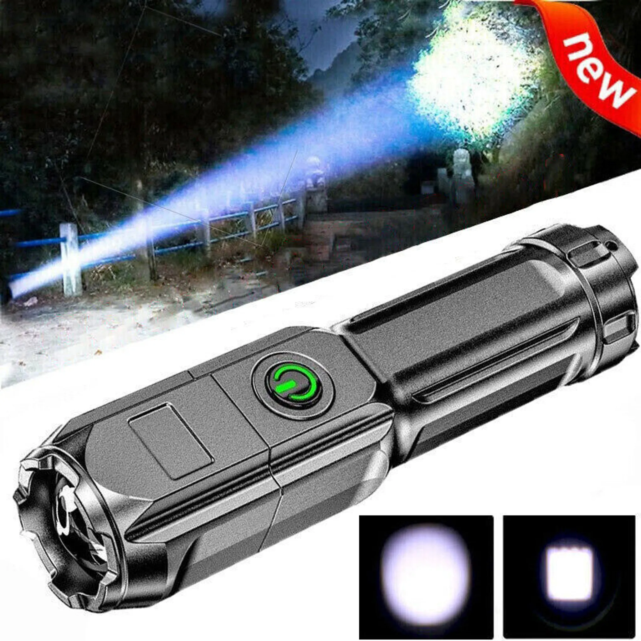 Eine silberne Taschenlampe mit grünem Power-Knopf wird gezeigt. Ein Lichtstrahl scheint in einen dunklen Wald. Ein 'neu' Tag ist vorhanden.