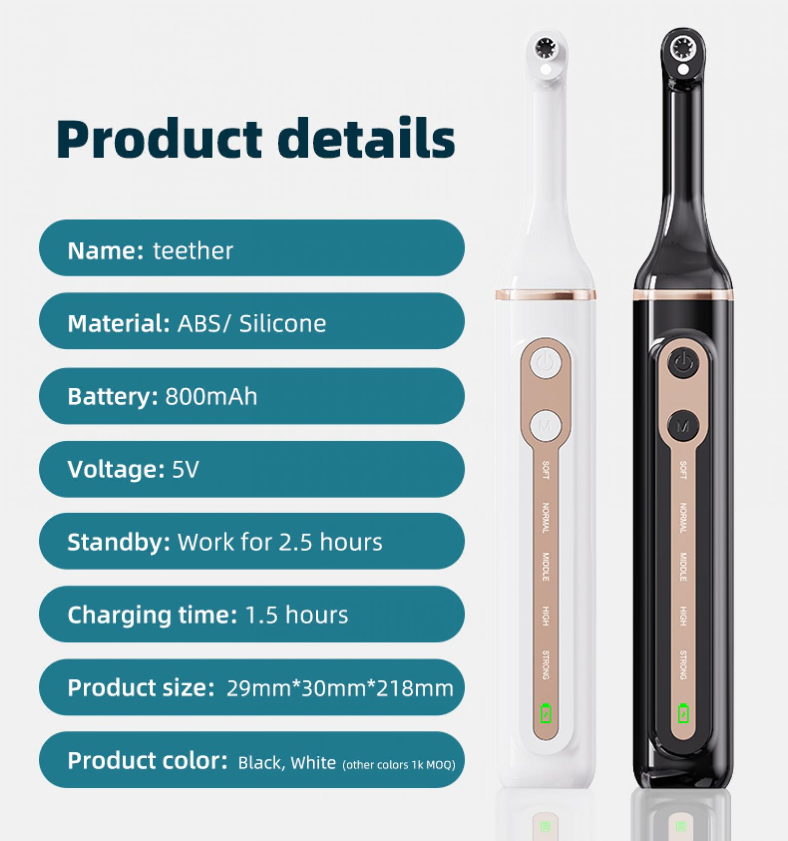 Produktdetails für einen Beißring. Weiße und schwarze Versionen werden gezeigt. Spezifikationen umfassen Material, Akku, Spannung und Größe.
