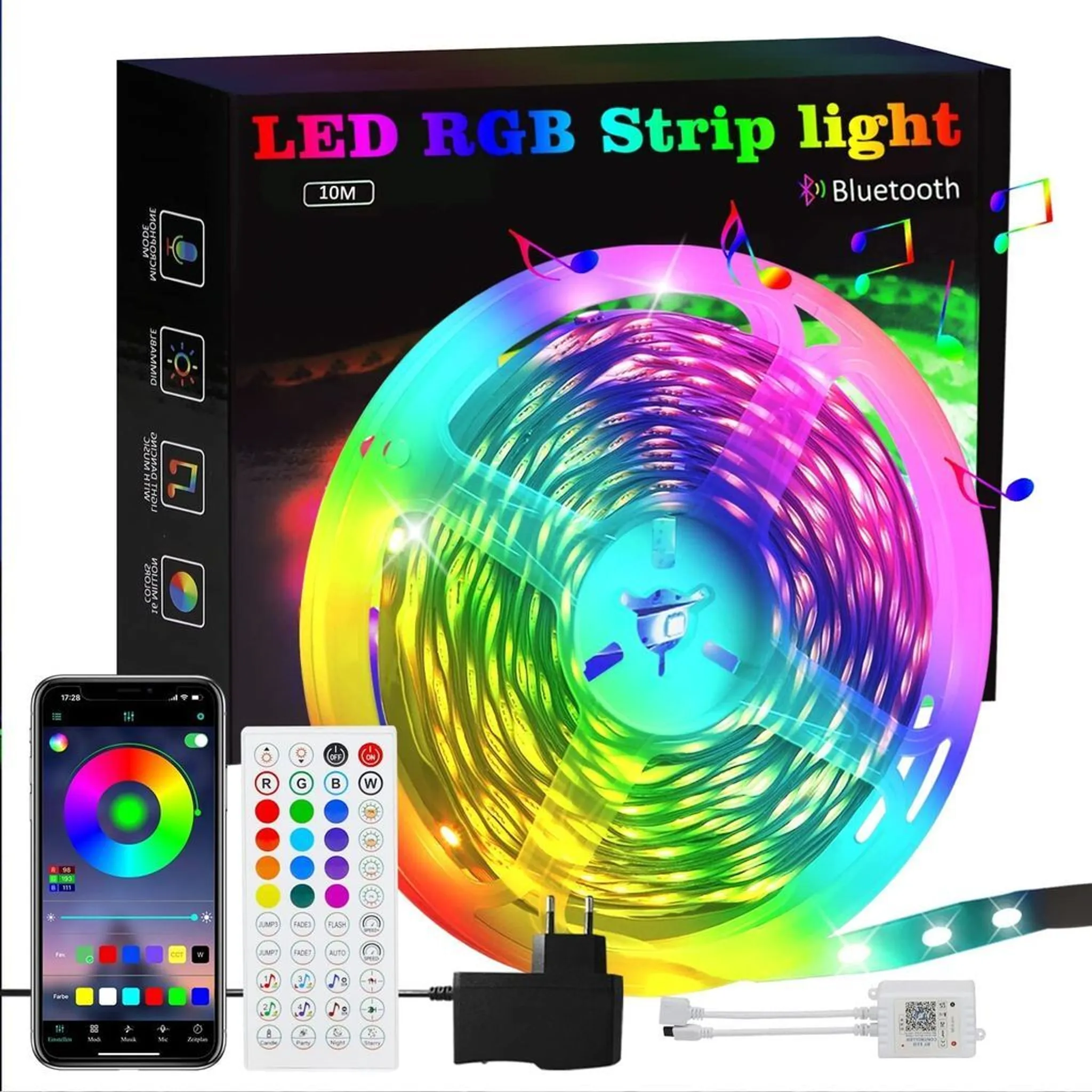 LED-RGB-Streifenlicht mit Bluetooth, Fernbedienung, Telefon-App und Netzteil. Bunte Beleuchtung und Noten sind sichtbar.