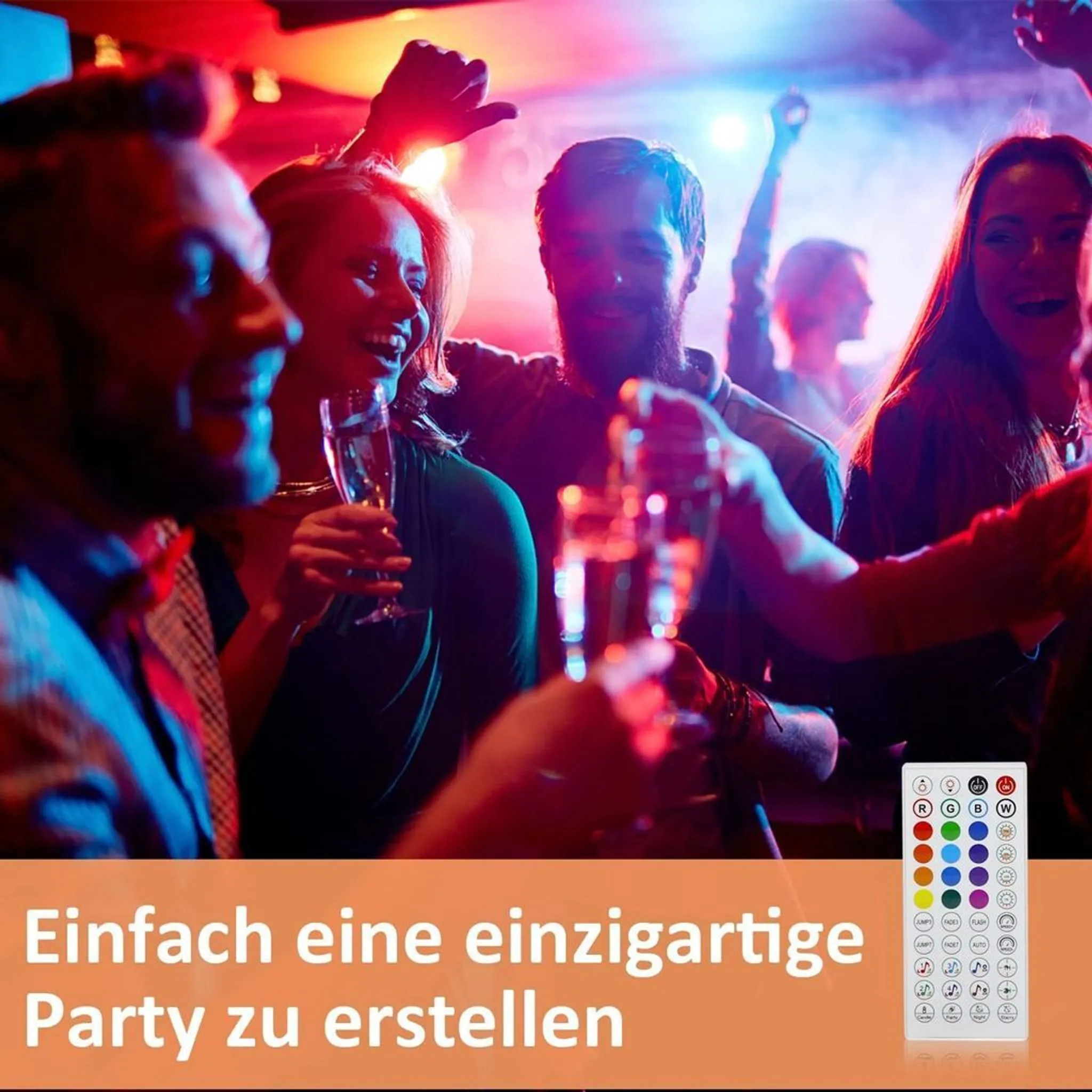 Menschen auf einer Party mit Getränken, tanzen unter bunten Lichtern. Eine Fernbedienung ist in der Ecke mit Text.