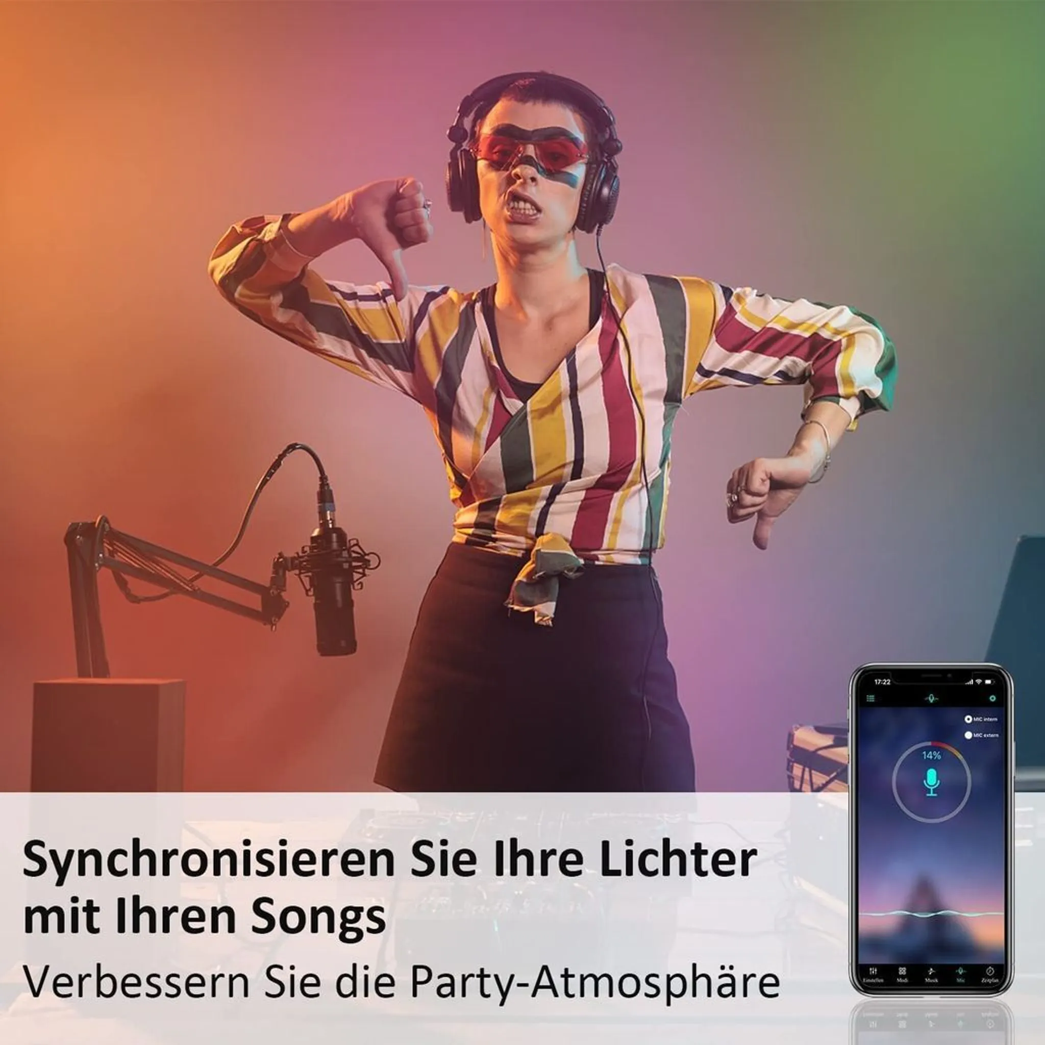 Eine Person mit Kopfhörern und Sonnenbrille gibt einen Daumen nach unten. Ein Mikrofon und ein Telefon sind ebenfalls sichtbar. Der Hintergrund ist bunt.