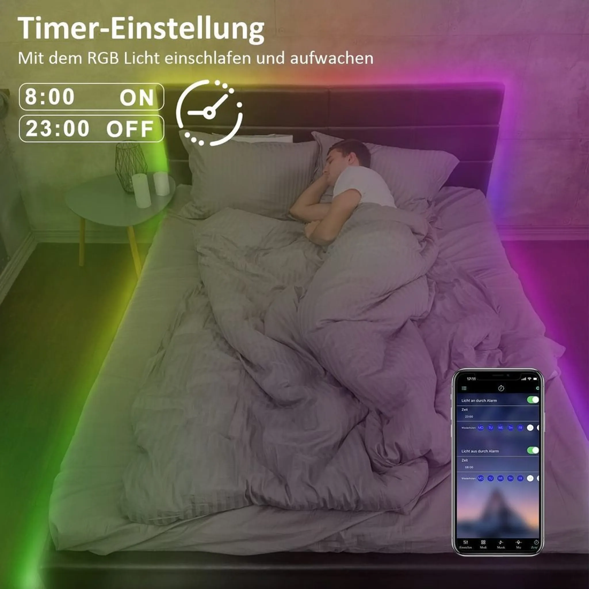 Ein Mann schläft im Bett mit Smart Lighting. Ein Telefon zeigt eine App zur Steuerung der Lichter, zum Einstellen von Zeiten und Farben.