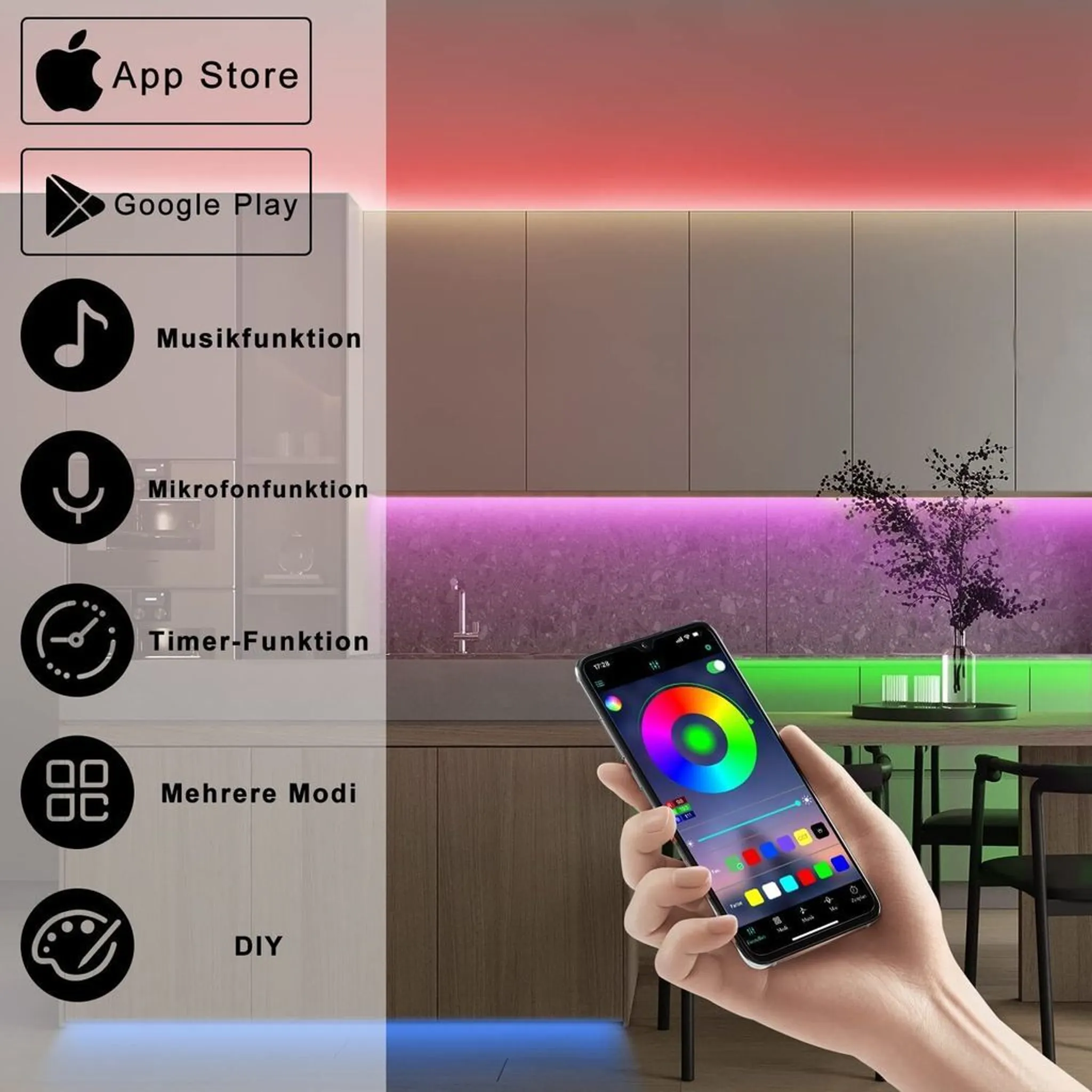 Eine Hand hält ein Telefon, das eine App zur Steuerung von LED-Leuchten anzeigt. Im Hintergrund ist eine Küche mit farbwechselnden Lichtern.