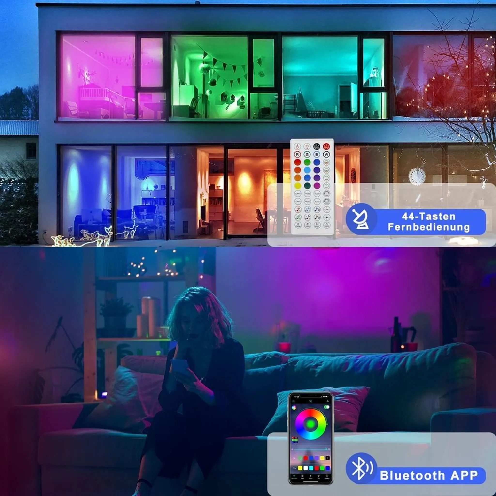Ein Haus mit bunten Lichtern in den Fenstern. Eine Frau auf dem Sofa steuert die Lichter per Telefon. Eine Fernbedienung ist auch zu sehen.