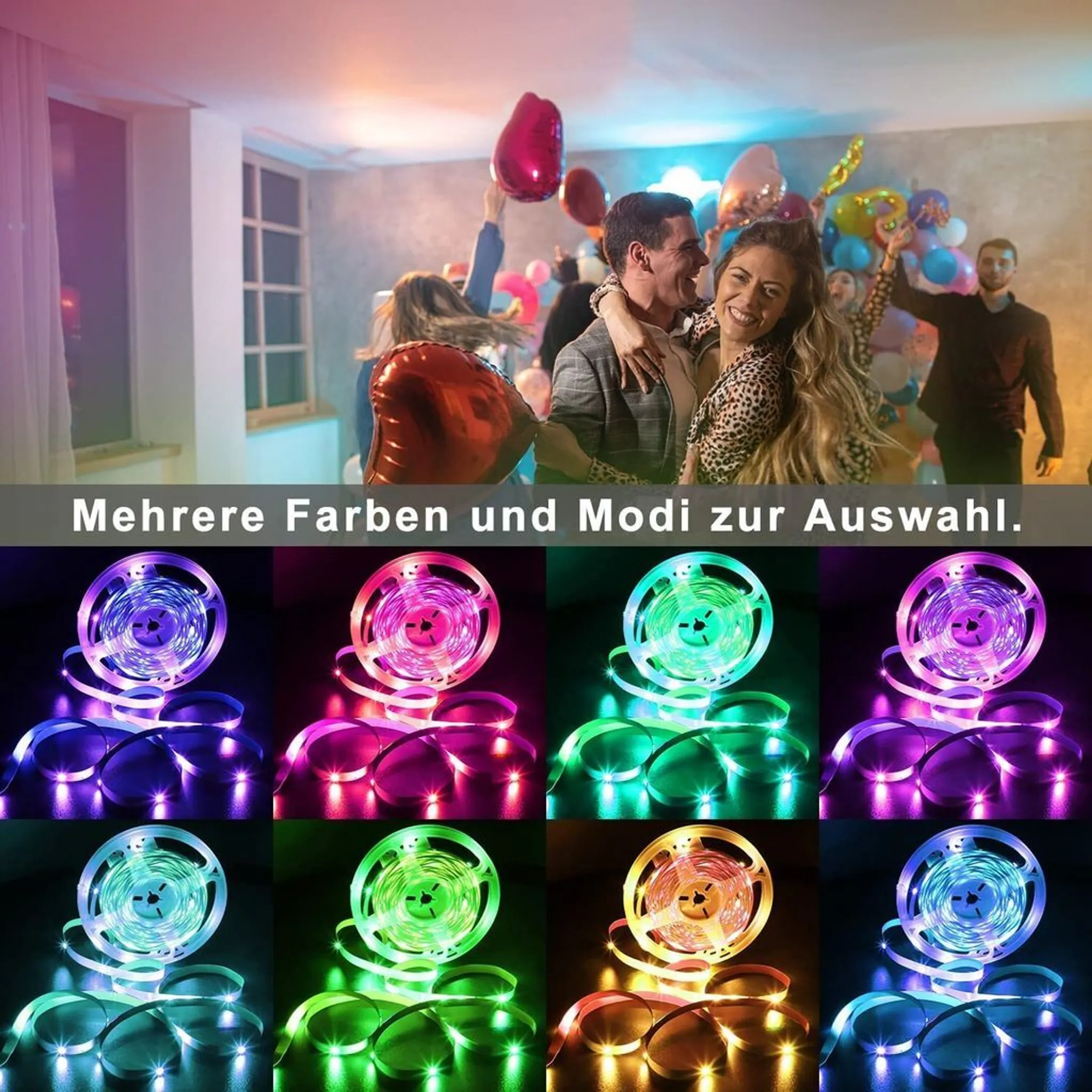Das Bild zeigt eine Partyszene mit Menschen und Ballons sowie LED-Streifen mit verschiedenen Farboptionen.