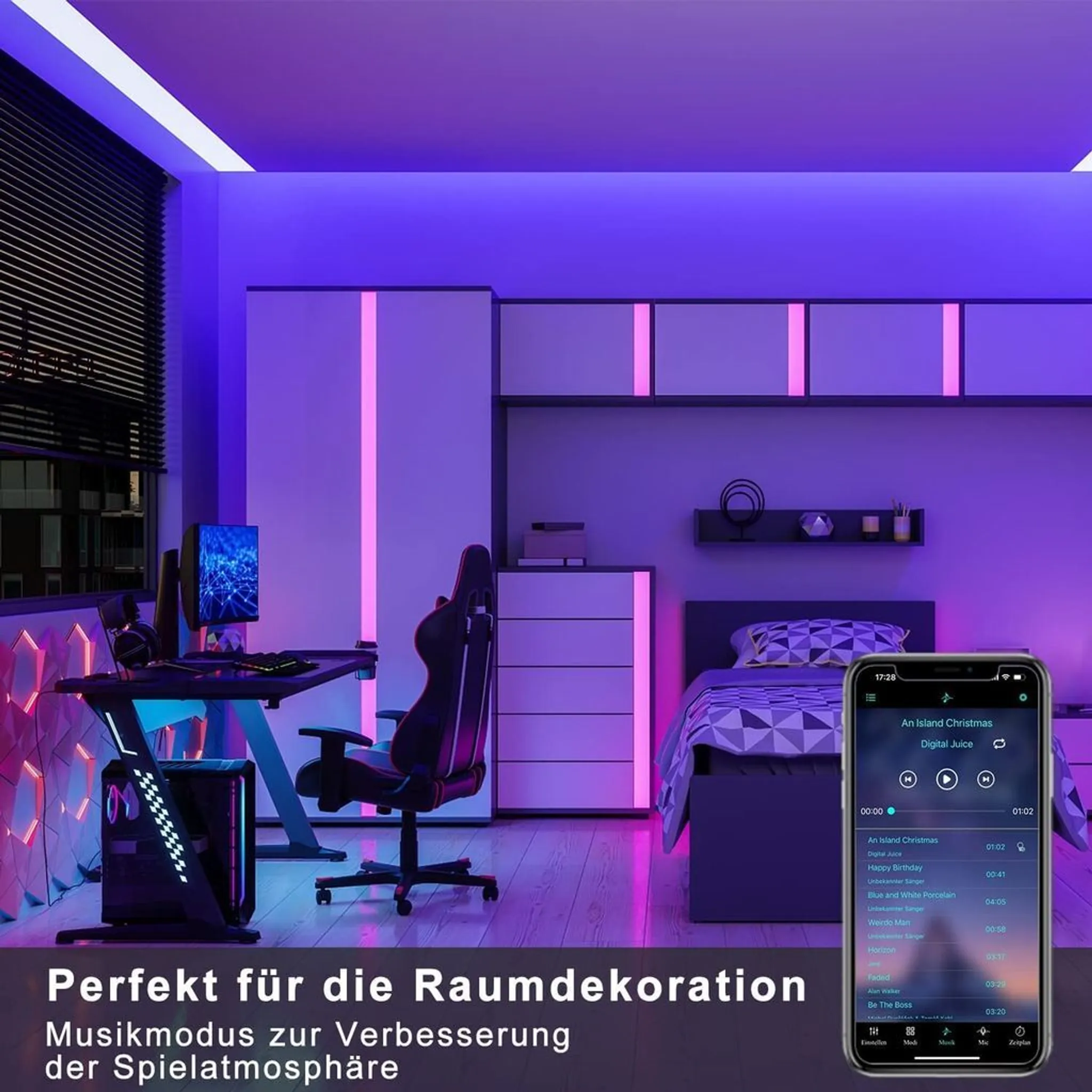 Schlafzimmer in Lila beleuchtet. Ein Schreibtisch mit Computer, Stuhl und Bett sind sichtbar. Ein Telefon zeigt Musik an.