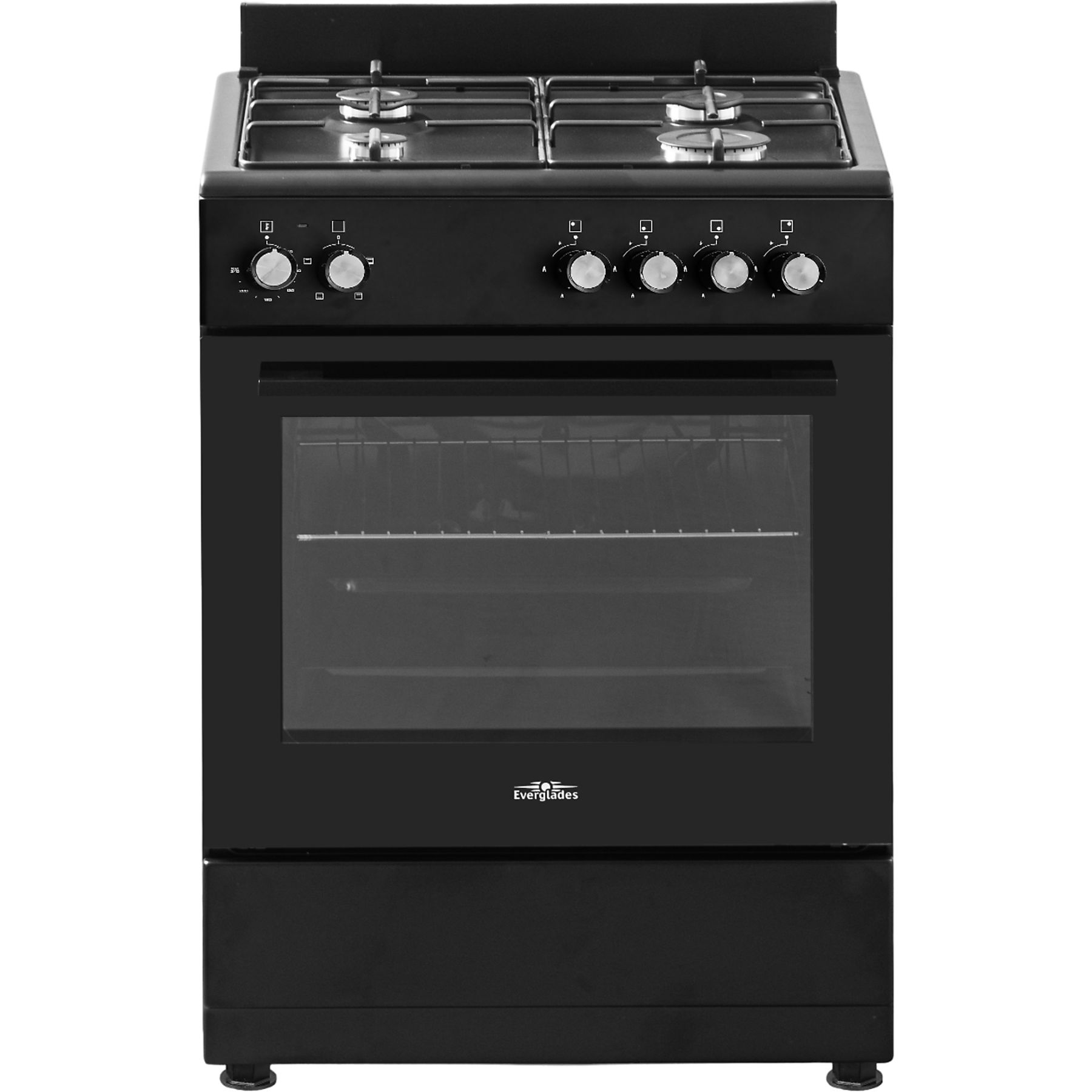 Een zwart vrijstaand gasfornuis met vier branders, oven en bedieningsknoppen. De ovendeur is transparant.