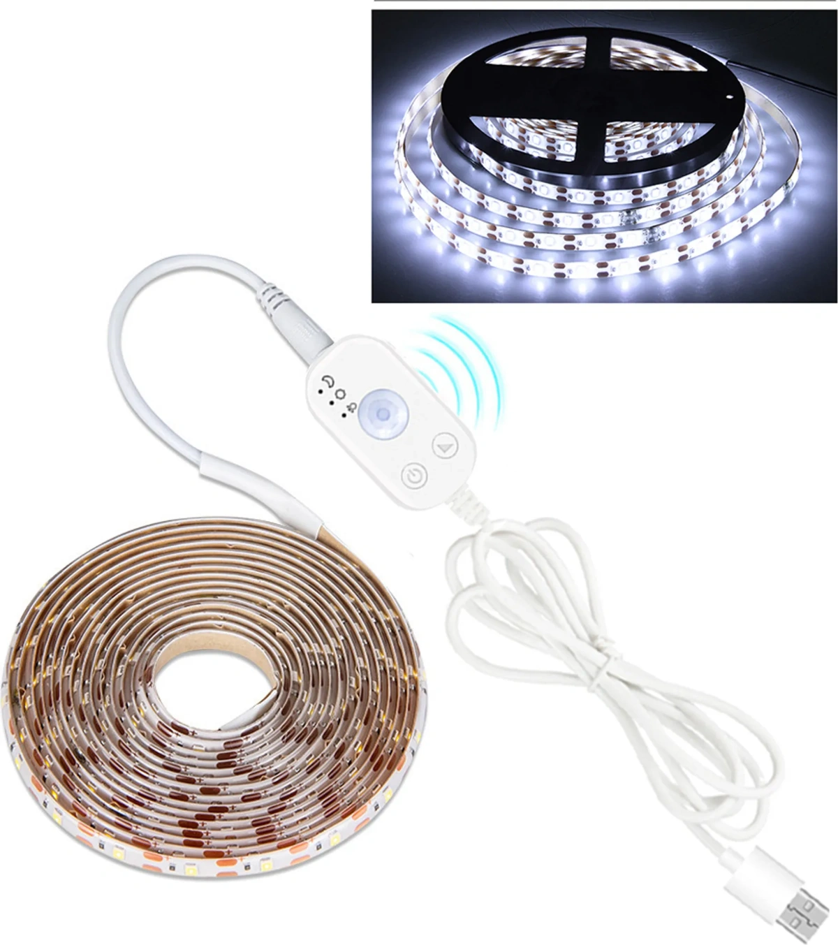 LED-Streifen mit Steuereinheit und USB-Anschluss. Zwei Rollen LED-Streifen sind abgebildet, eine in Gebrauch und eine weitere als Rolle.