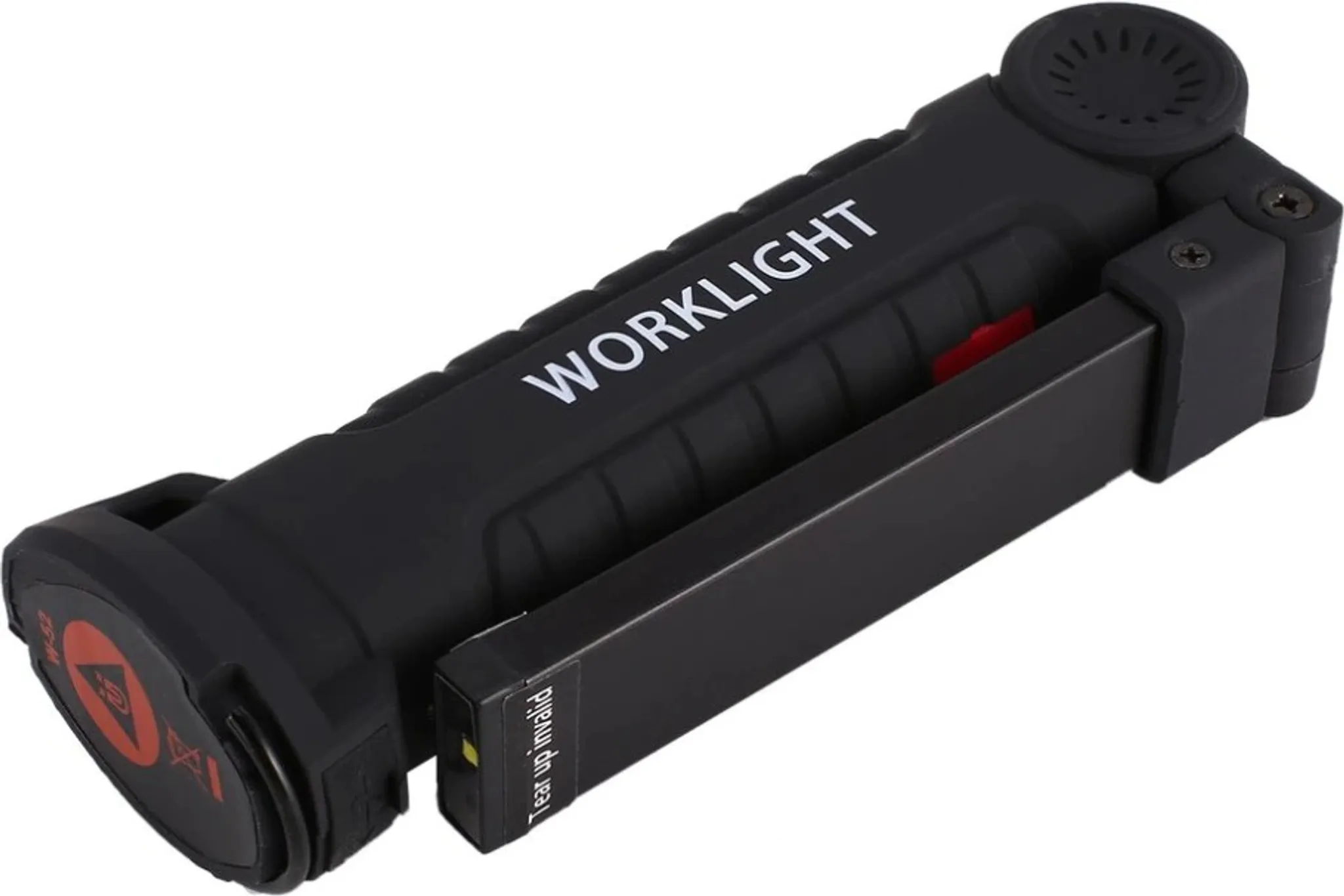 Eine schwarze Arbeitsleuchte mit weißem Schriftzug 'WORKLIGHT'. Sie hat einen roten Knopf und einen faltbaren Teil. Ein Ende hat ein rotes Warnsymbol.