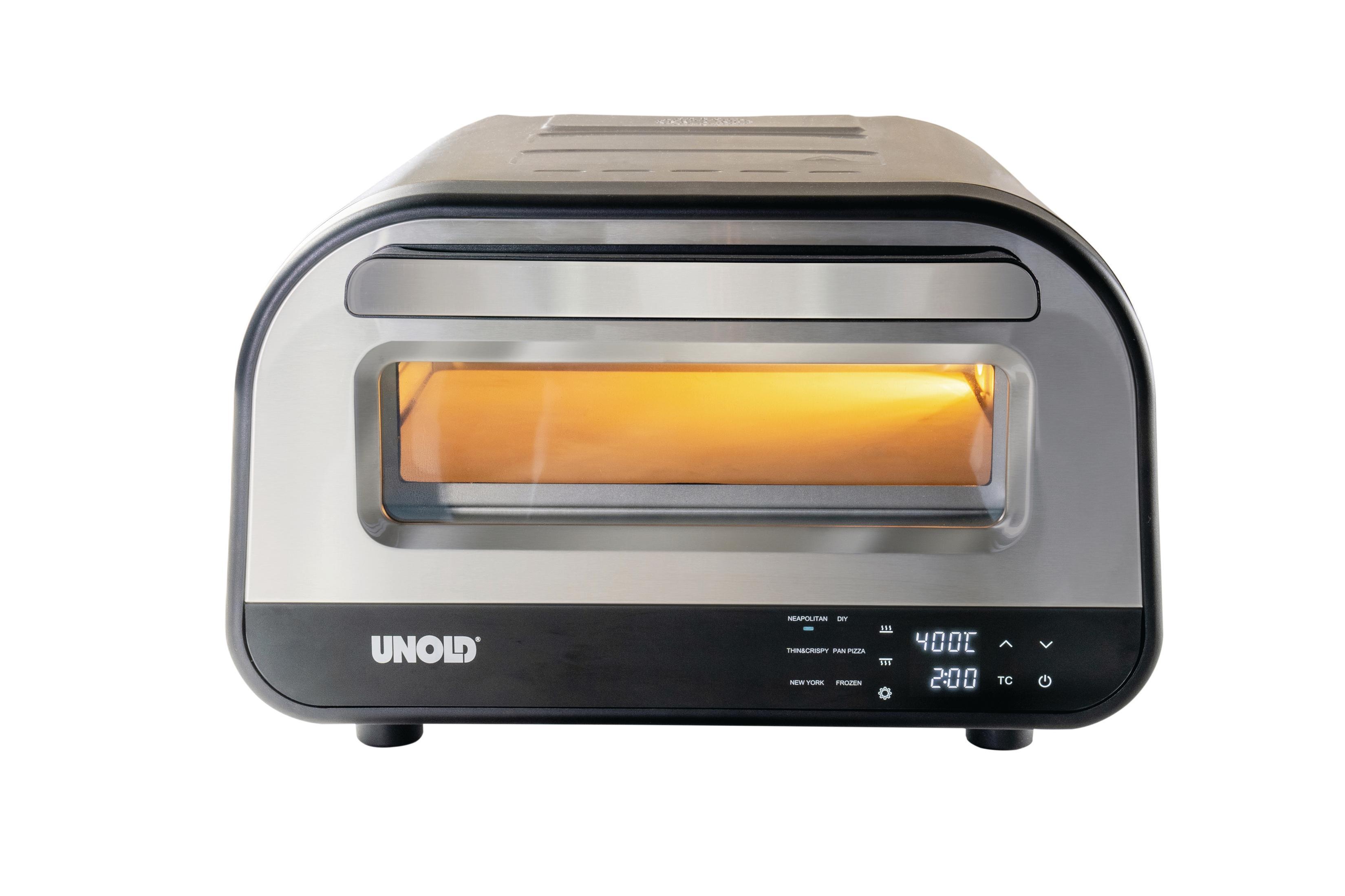 Forno per pizza argento e nero, interno illuminato, display digitale mostra temperatura e tempo, marchio UNOLD.