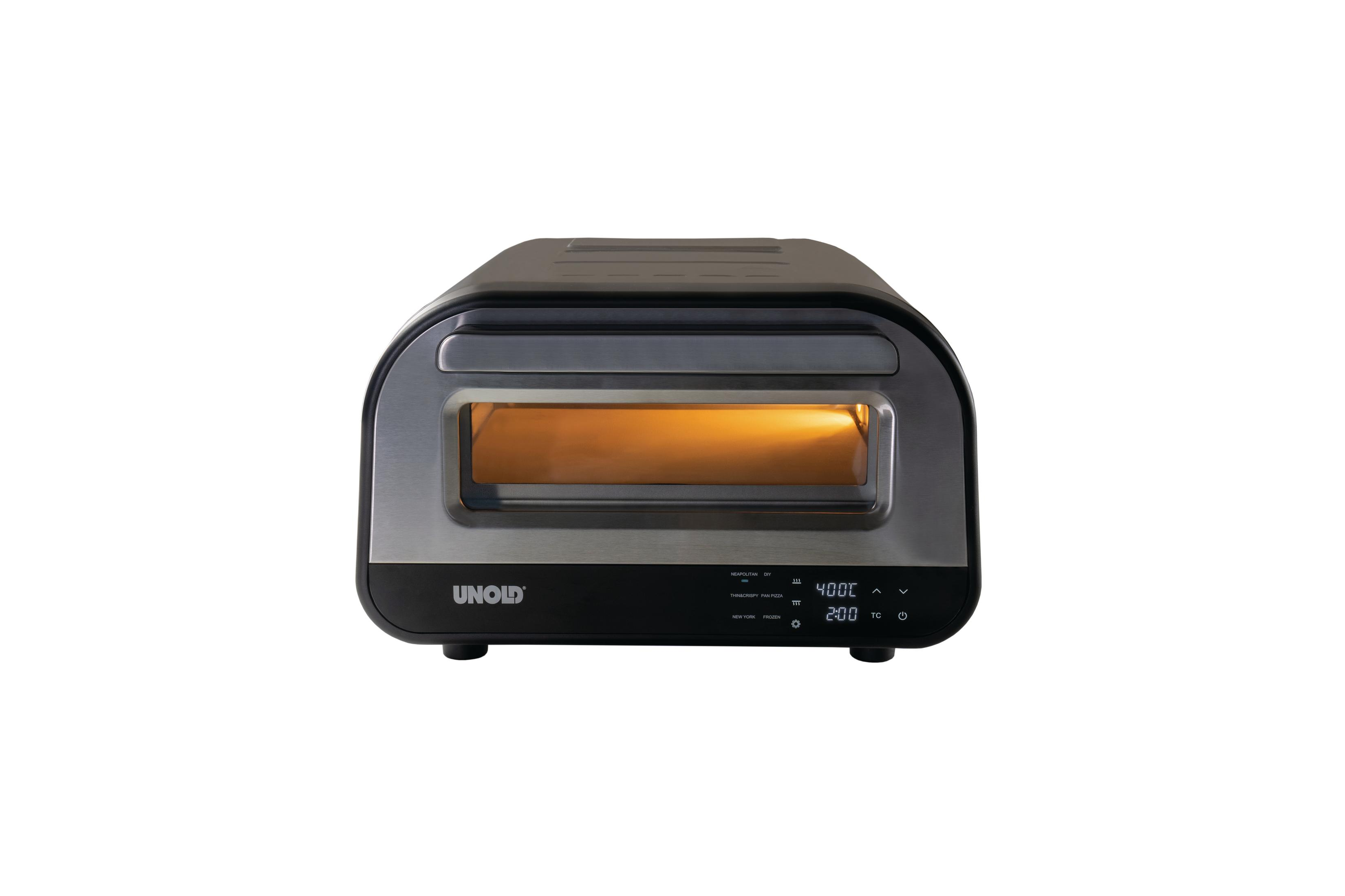 Un forno per pizza UNOLD argento e nero con display digitale, che mostra temperatura e tempo, con interno illuminato.