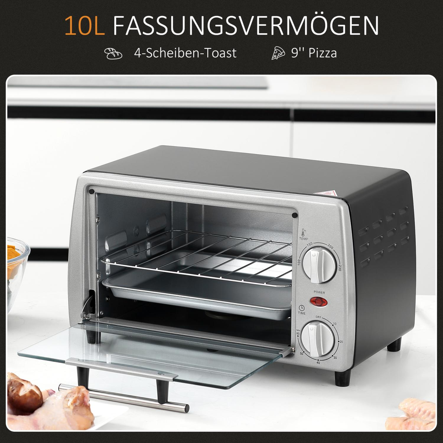 Ein silberner und schwarzer Toaster mit offener Glastür. Regler für Temperatur und Zeit sind sichtbar. Ein 9" Pizza-Symbol wird angezeigt.