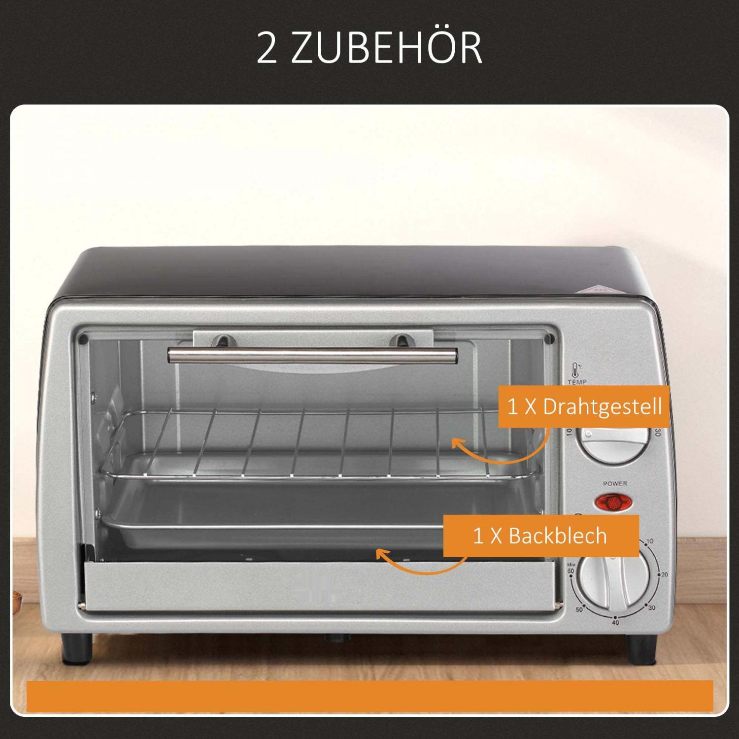 Ein silberner Toaster mit einem Drahtgestell und einem Backblech. Es hat Temperatur- und Leistungsregler. Text: '2 Zubehör'.