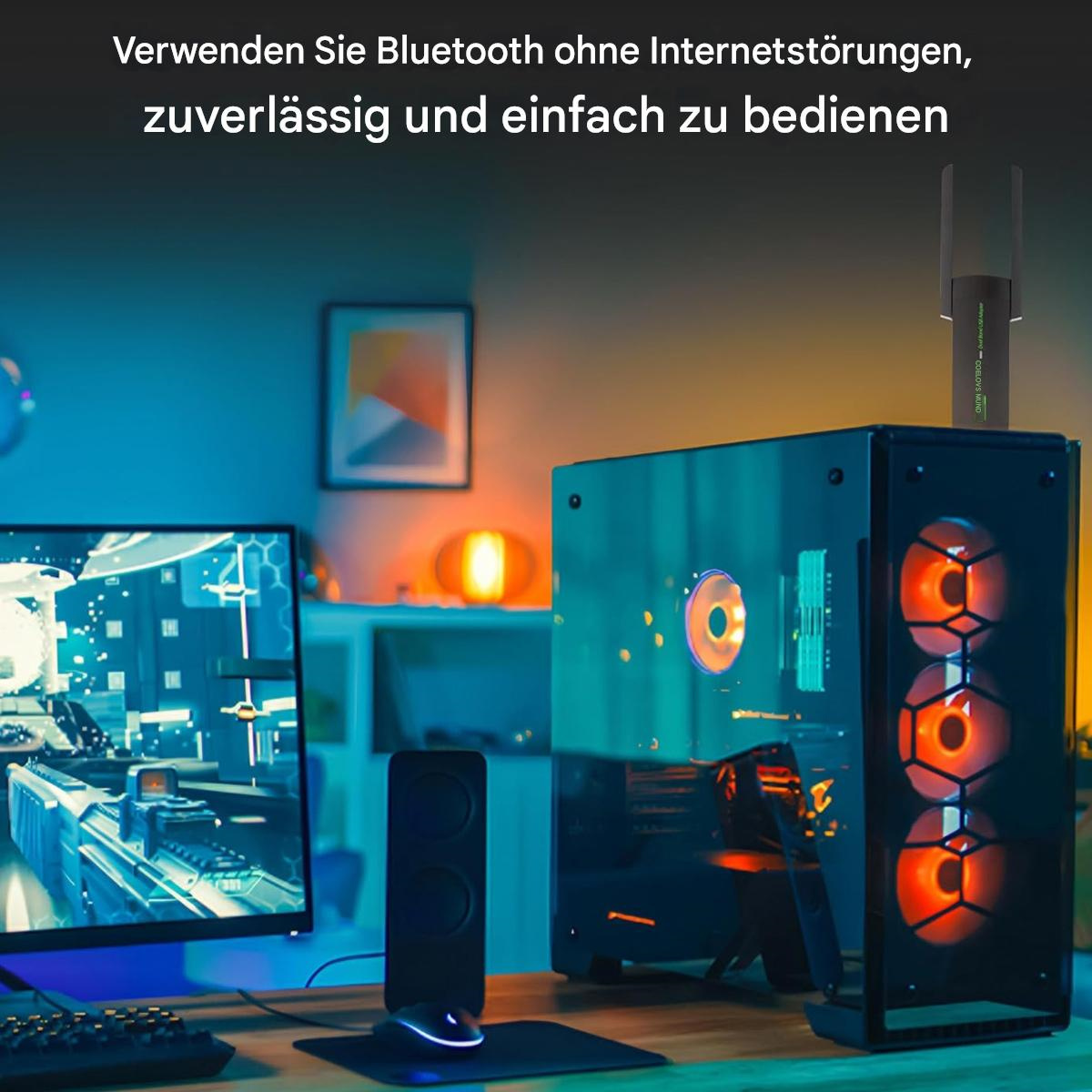 Ein Computer-Setup mit Monitor, CPU, Lautsprecher und Bluetooth-Adapter. Die CPU hat orangefarbene Lichter. Text auf Deutsch oben.