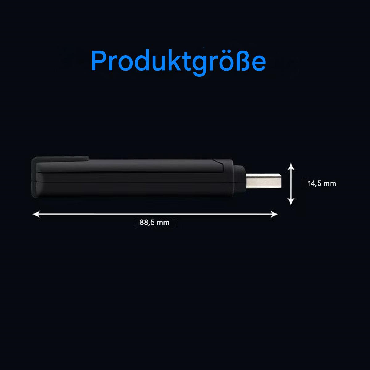 Schwarzes Gerät mit weißem Stecker. Abmessungen: 88,5 mm lang, 14,5 mm breit. Text 'Produktgroße' in Blau auf dunklem Hintergrund.