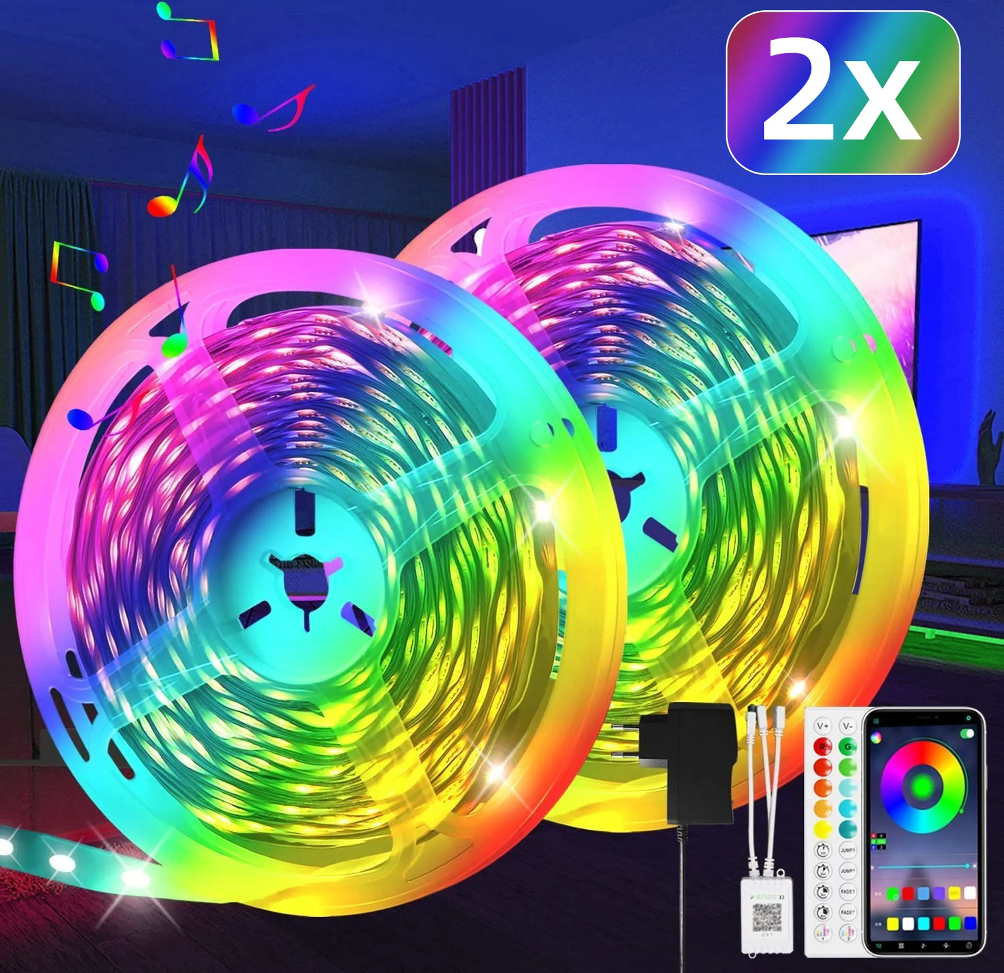 Zwei LED-Lichtbandrollen mit Regenbogenfarben. Musiknoten und Steuergeräte sind ebenfalls sichtbar.