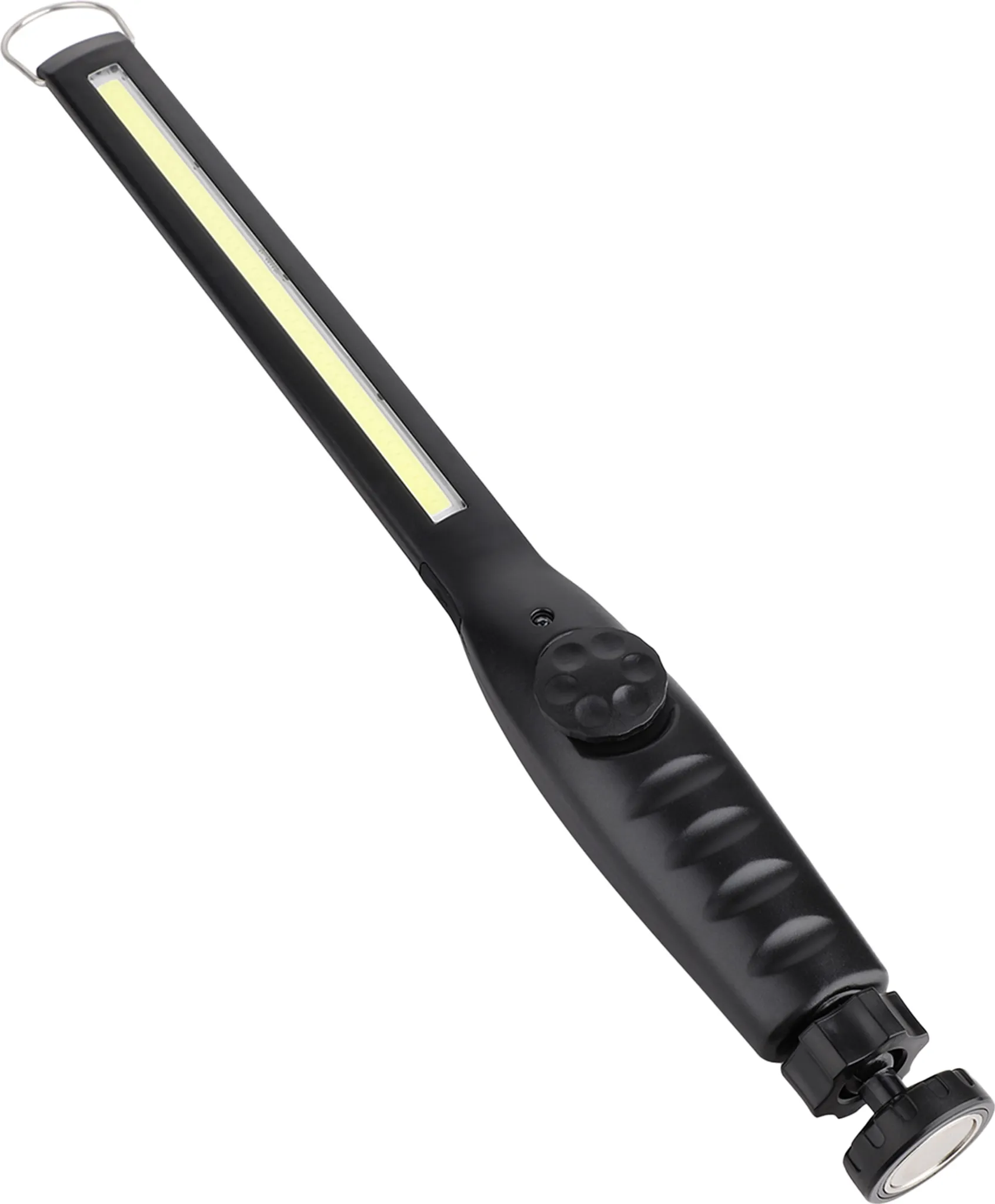 Eine schwarze LED-Arbeitsleuchte mit Griff, Lichtleiste und Magnetfuß auf weißem Hintergrund.