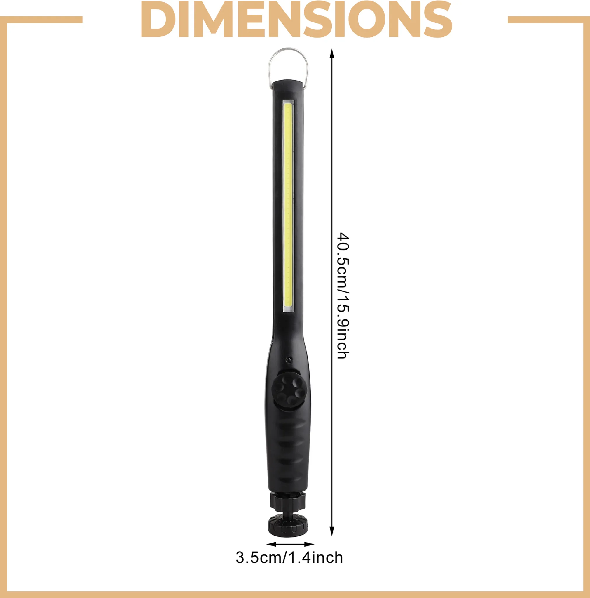 Eine schwarze LED-Arbeitsleuchte mit Schlaufe auf weißem Hintergrund. Abmessungen: 40,5 cm/15,9 Zoll und 3,5 cm/1,4 Zoll.