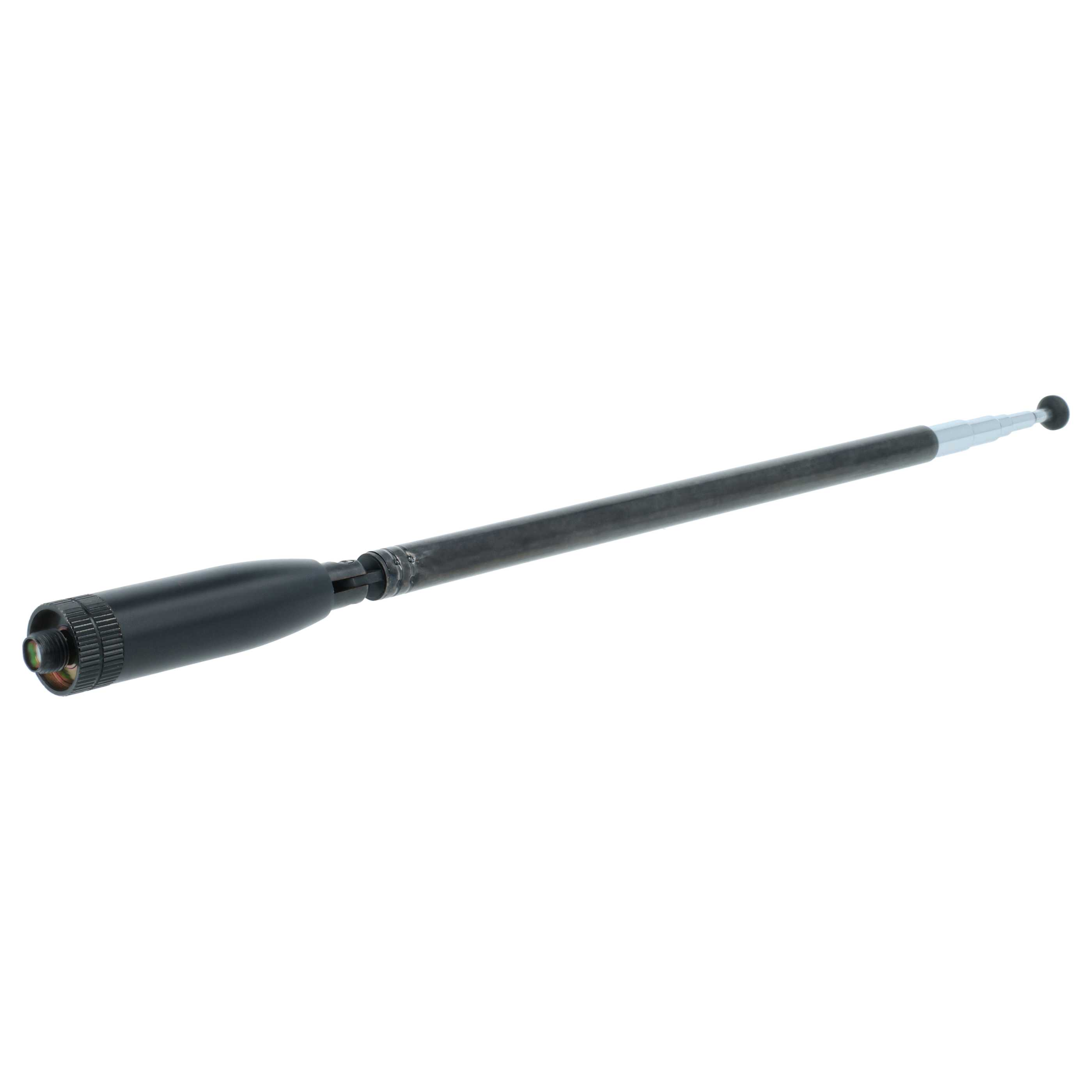 Eine schwarze, ausziehbare Antenne befindet sich auf weißem Hintergrund. Die Antenne hat einen zylindrischen Sockel und eine Kugel an der Spitze.