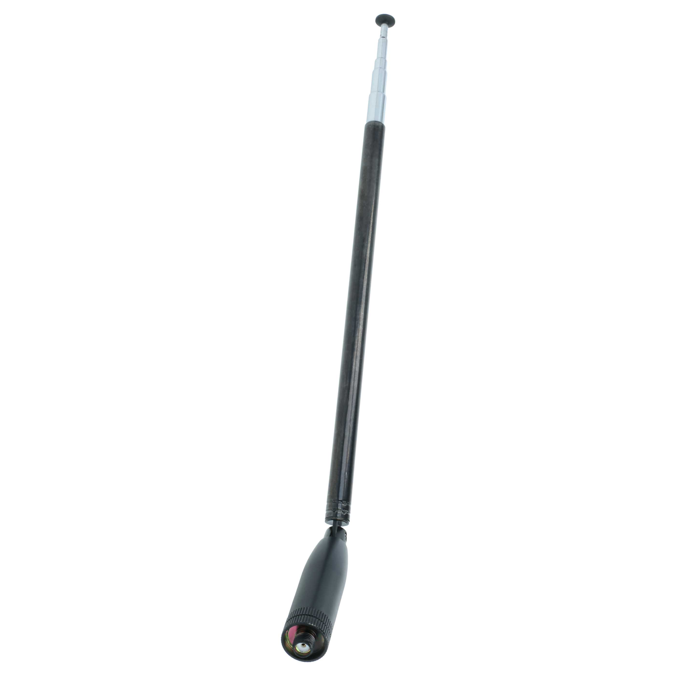 Eine schwarze Autoantenne, ausgefahren, vor weißem Hintergrund. Die Antenne hat eine runde Spitze und einen schwarzen Sockel.
