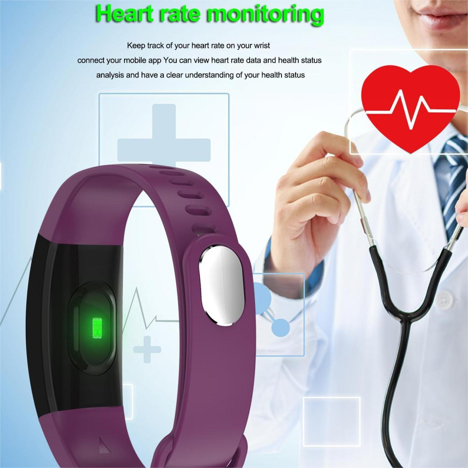 Ein lila Fitness-Tracker und ein Arzt mit Stethoskop werden mit einem roten Herzsymbol gezeigt.