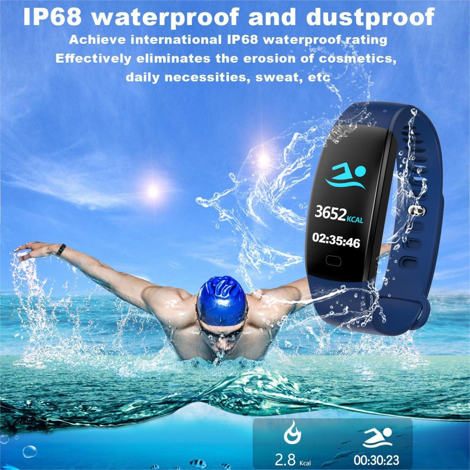 Ein Schwimmer im Wasser mit einer Smartwatch, die Statistiken anzeigt. Der Text oben lautet IP68 wasserdicht und staubdicht.