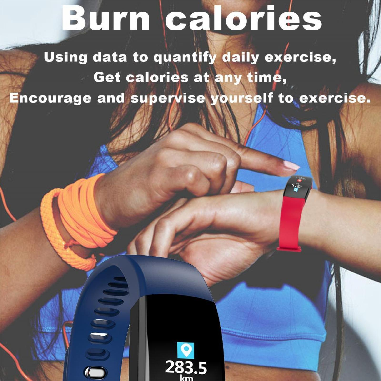 Eine Frau trägt ein blaues Oberteil und einen roten Fitnesstracker. Ein blauer Fitnesstracker zeigt 283,5 km an. Text: 'Kalorien verbrennen'.