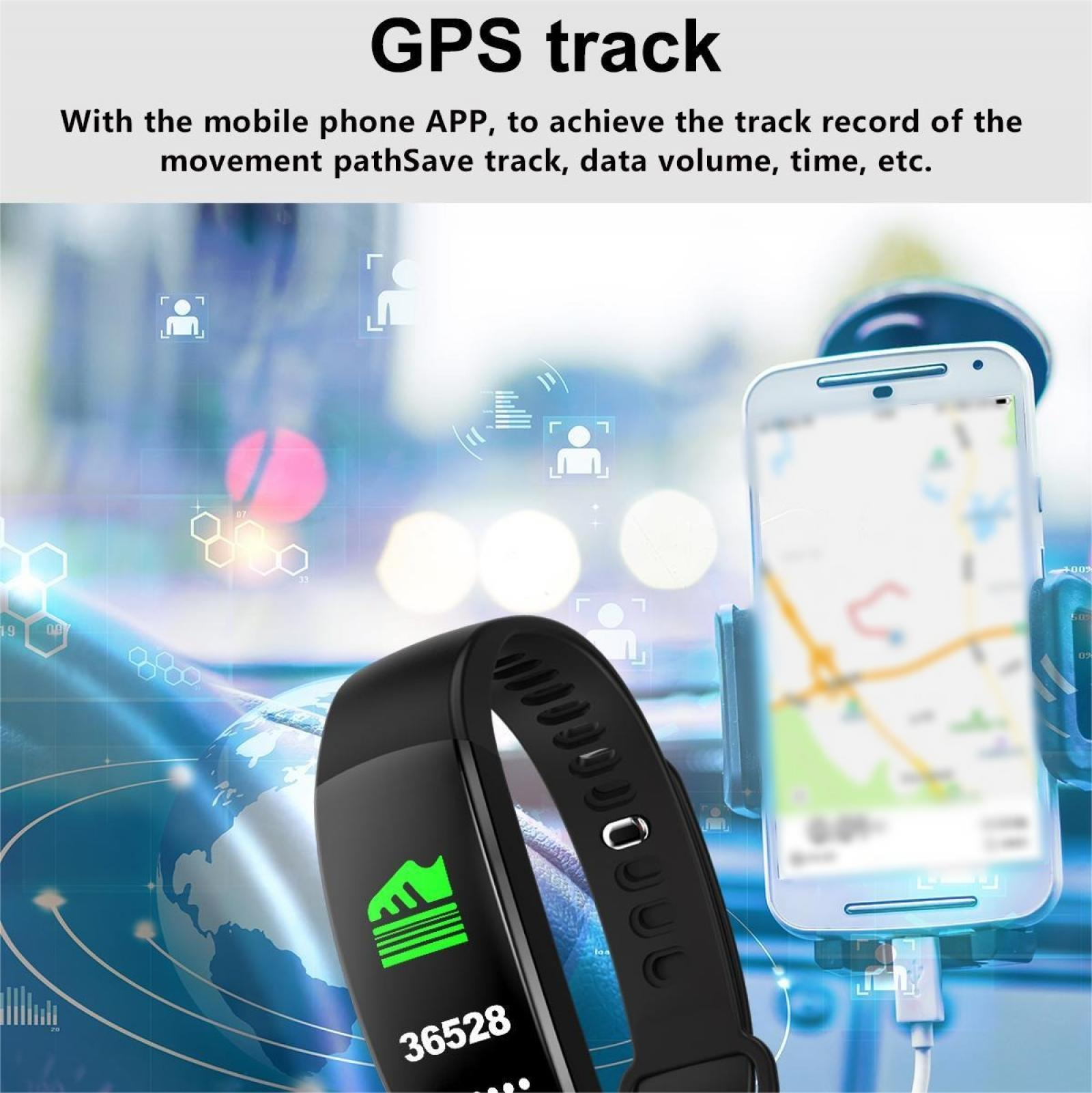 Schwarzer Fitnesstracker mit grünem Schuhsymbol und Telefon mit Karte. Text: GPS-Track. Der Hintergrund ist verschwommene Tech-Grafik.