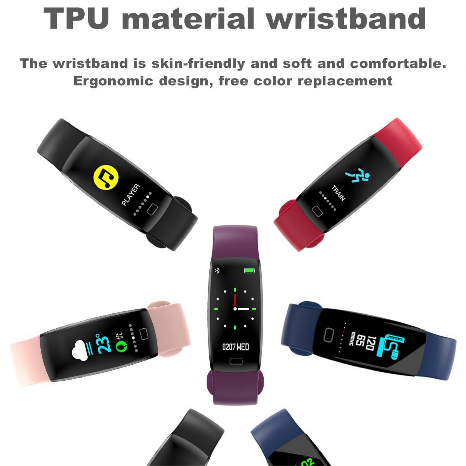 Das Bild zeigt verschiedene intelligente Armbänder in verschiedenen Farben. Jedes zeigt unterschiedliche Informationen auf dem Bildschirm an.