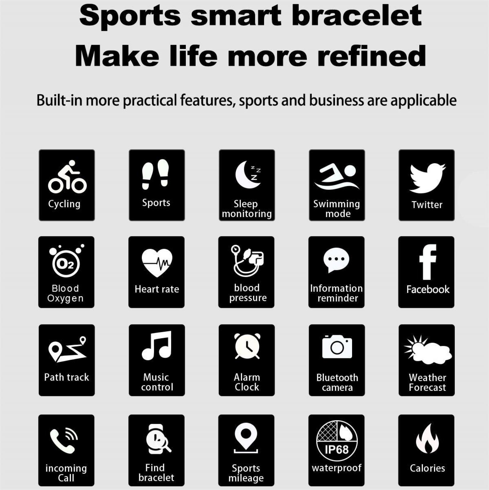 Das Bild zeigt ein Smart-Armband mit Symbolen für Sport, Gesundheit und Social-Media-Funktionen.