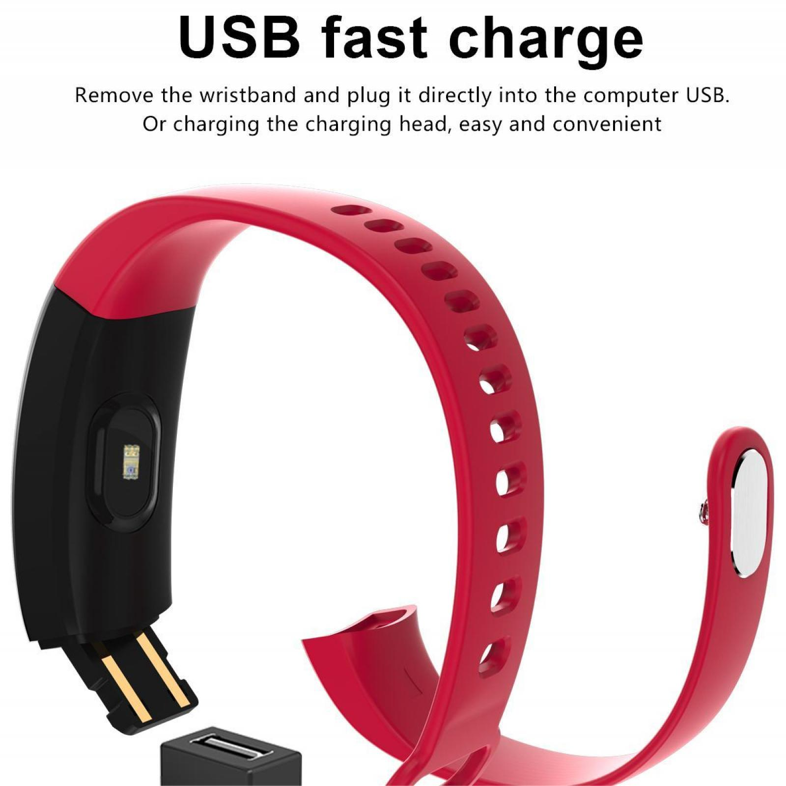 Ein rotes und schwarzes Smartwatch-Armband mit USB-Anschluss. Text: USB-Schnellladung. Es kann per USB aufgeladen werden.