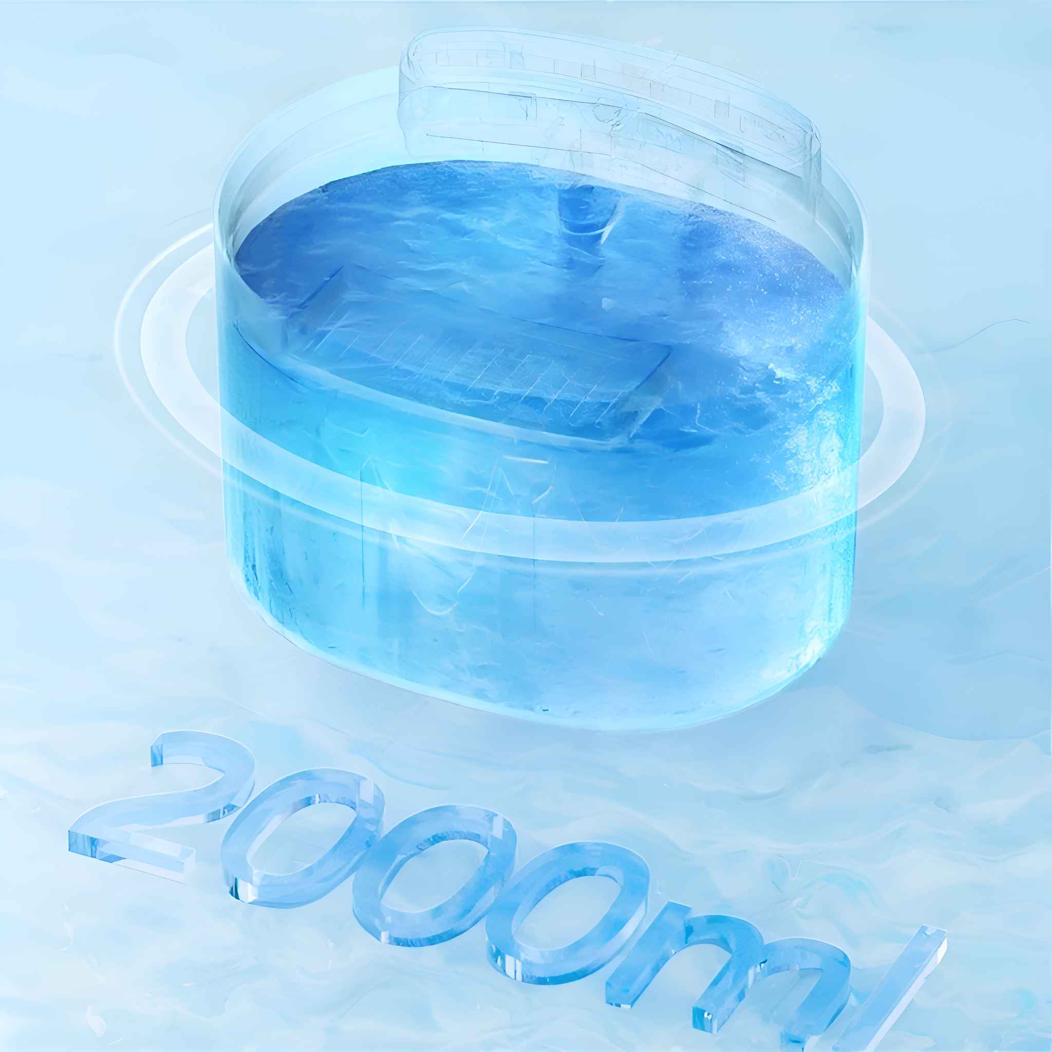 Ein transparenter Behälter gefüllt mit blauer Flüssigkeit, mit '2000ml' in Blau am Boden. Der Hintergrund ist hellblau.