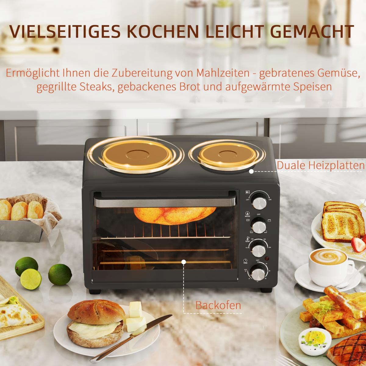 Ein schwarzer Ofen mit zwei Kochplatten. Verschiedene Lebensmittel wie Brot, Toast und ein Burger sind abgebildet.