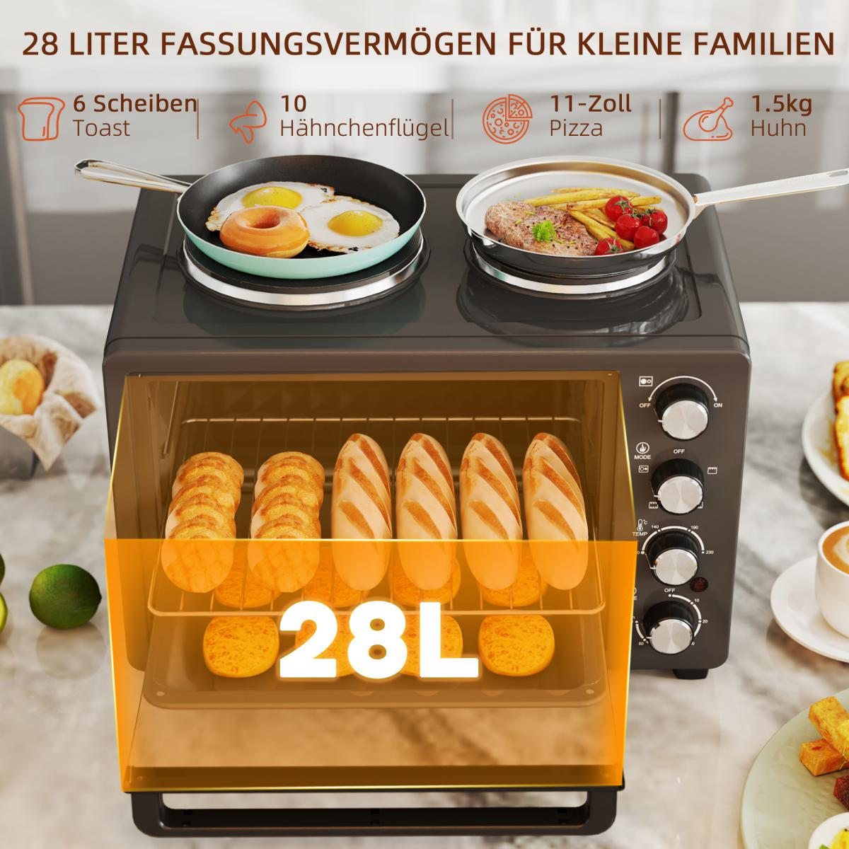 Ein Ofen mit Bratpfannen und Essen oben drauf. Im Inneren backt Brot. Limetten und eine Tasse Kaffee stehen auf dem Tisch.