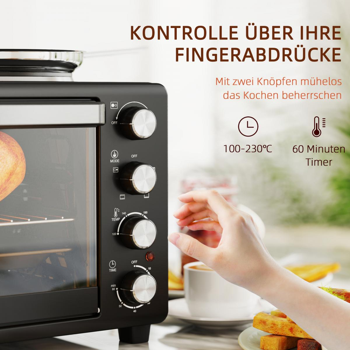 Ein schwarzer Ofen mit Knöpfen. Eine Hand dreht einen Knopf. Text enthält Temperatur- und Timereinstellungen. Essen ist sichtbar.