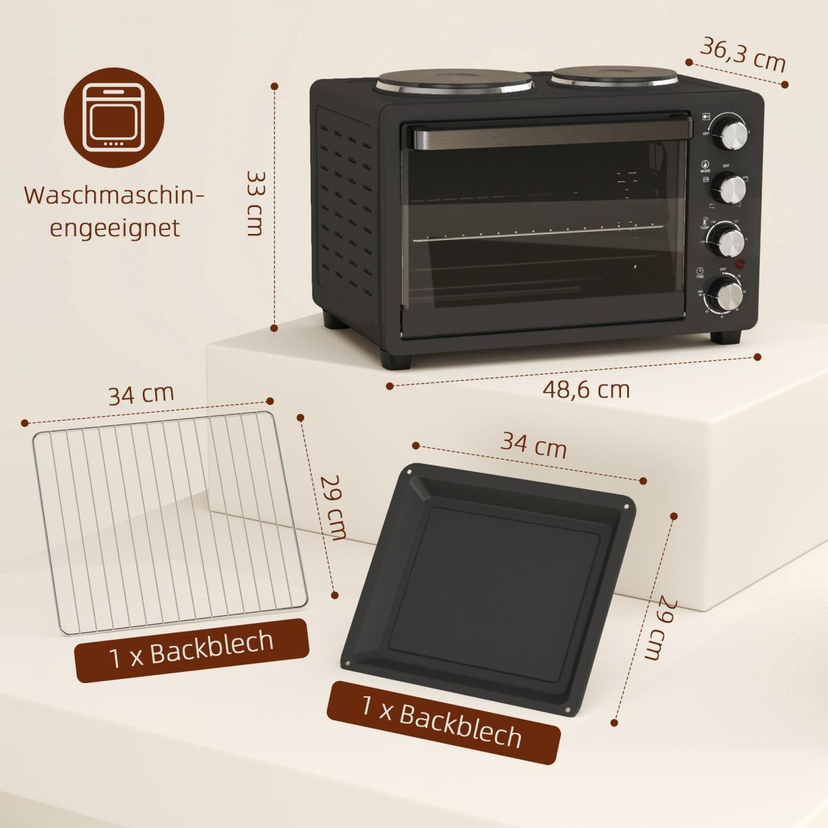 Schwarzer Mini-Backofen mit zwei Kochfeldern, Maßangaben und Backblech und Rost.