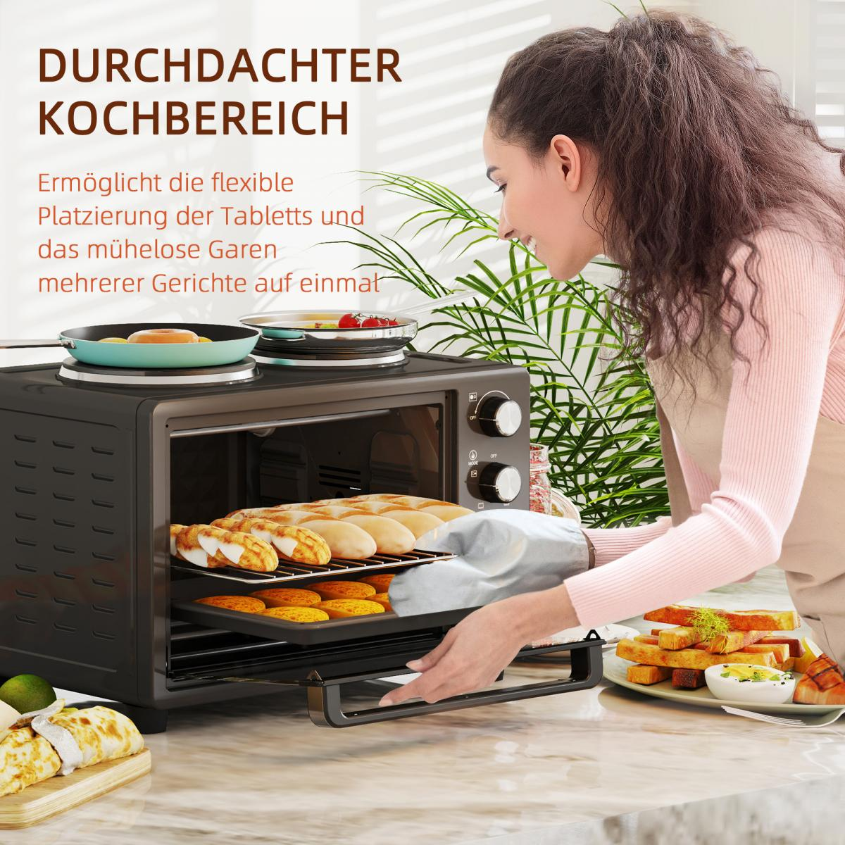 Eine Frau benutzt in der Küche einen Ofen. Im Inneren befinden sich Backwaren und auf der Theke ein Teller mit Essen. Der Text lautet 'Durchdachter Kochbereich'.