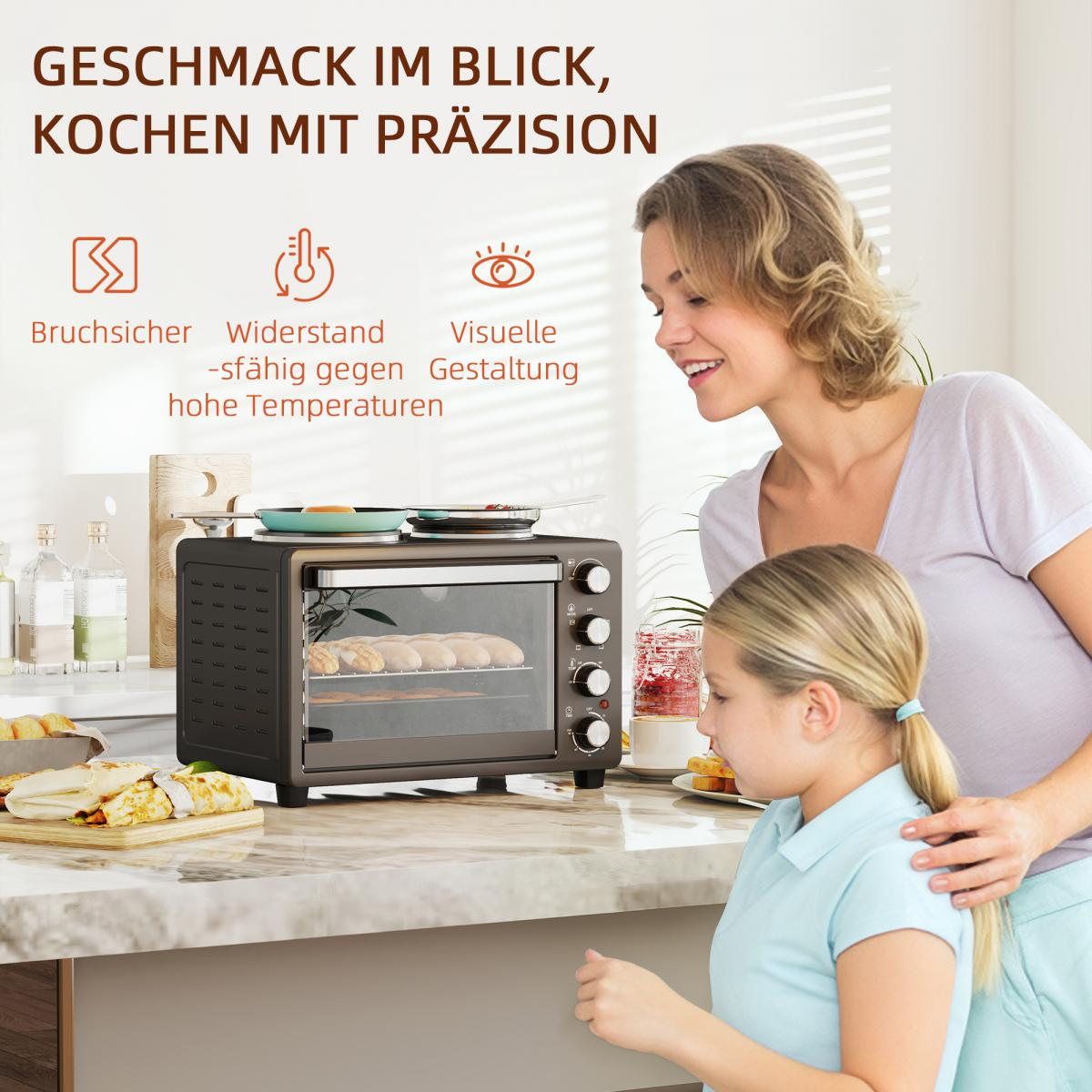 Frau und Mädchen stehen in der Nähe eines kleinen Ofens auf einer Küchenarbeitsplatte. Der Ofen backt Brot. Oben steht: Geschmack im Blick, Kochen mit Präzision.