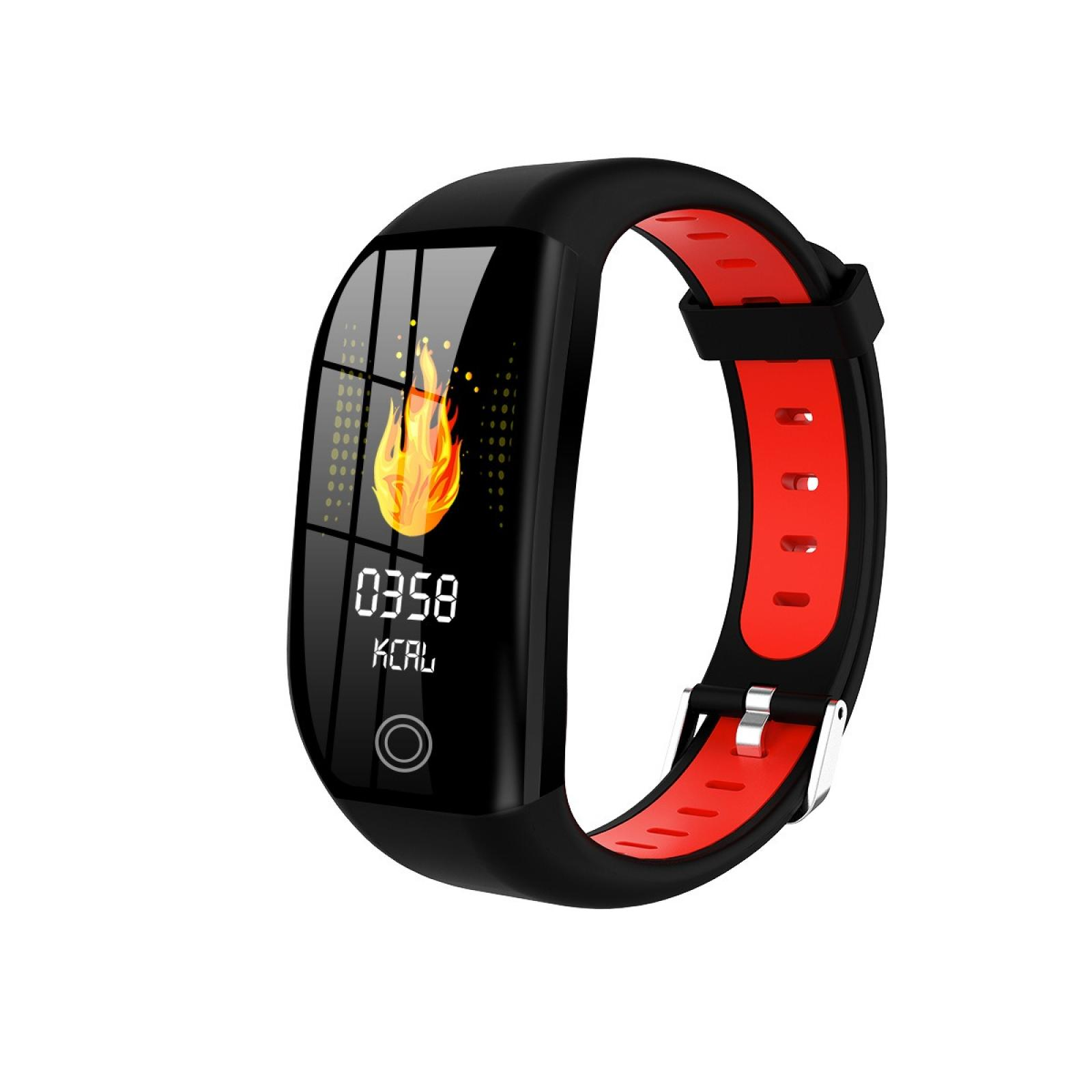 Schwarzer Fitnesstracker mit rotem Armband. Der Bildschirm zeigt 0358 kcal und eine Flammen-Symbol.