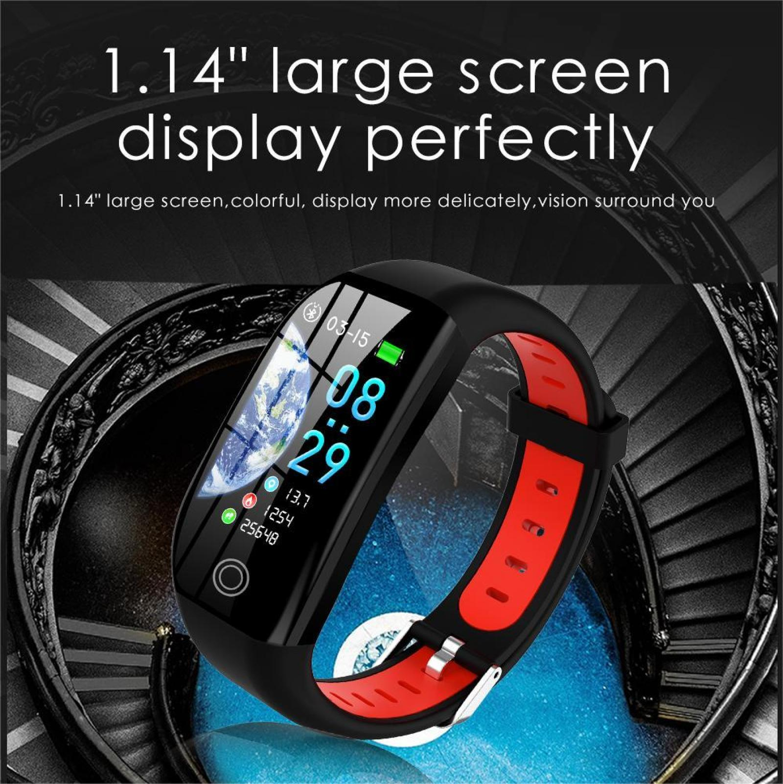 Eine schwarze Smartwatch mit rotem Armband zeigt Zeit- und Gesundheitsdaten. Der Hintergrund ist ein dunkles, abstraktes Design.