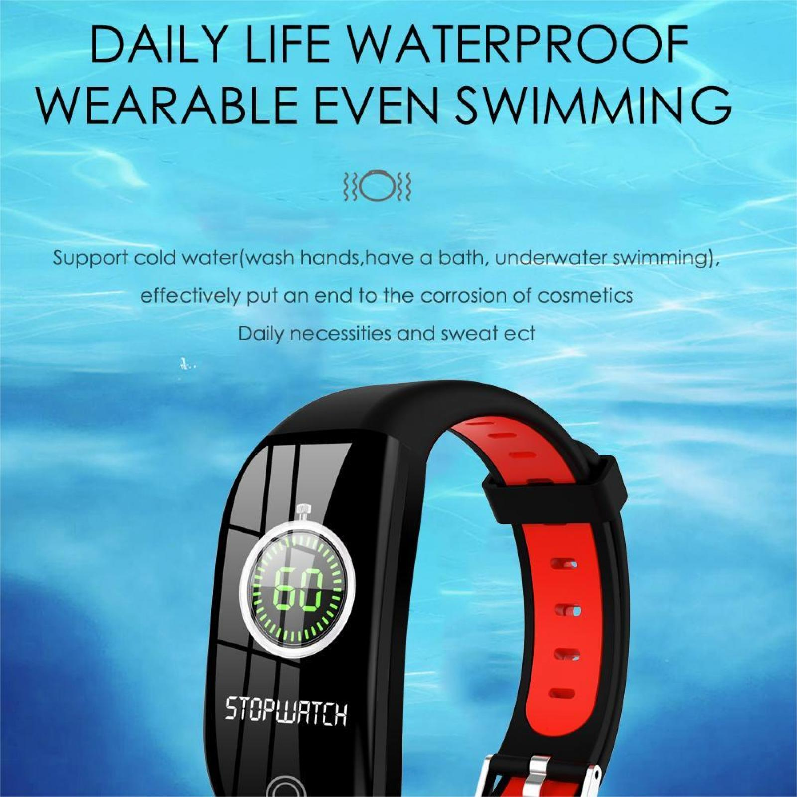 Eine schwarz-rote Smartwatch mit Stoppuhr-Anzeige. Der Text oben lautet: Tägliches Leben Wasserdicht Tragbar Sogar Schwimmen.