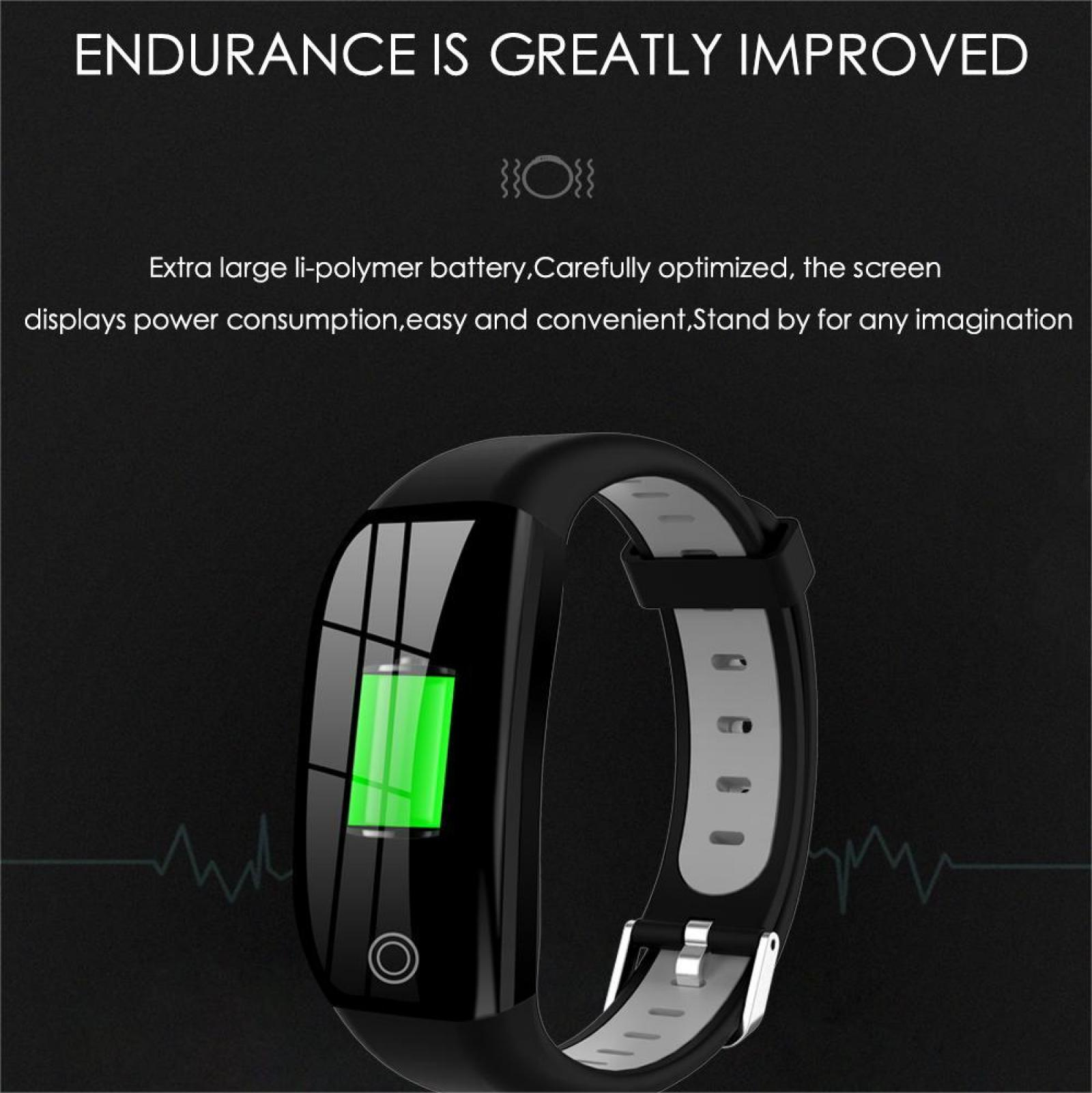 Ein schwarzer Fitnesstracker mit grünem Akkusymbol. Text: 'AUSDAUER IST STARK VERBESSERT'.