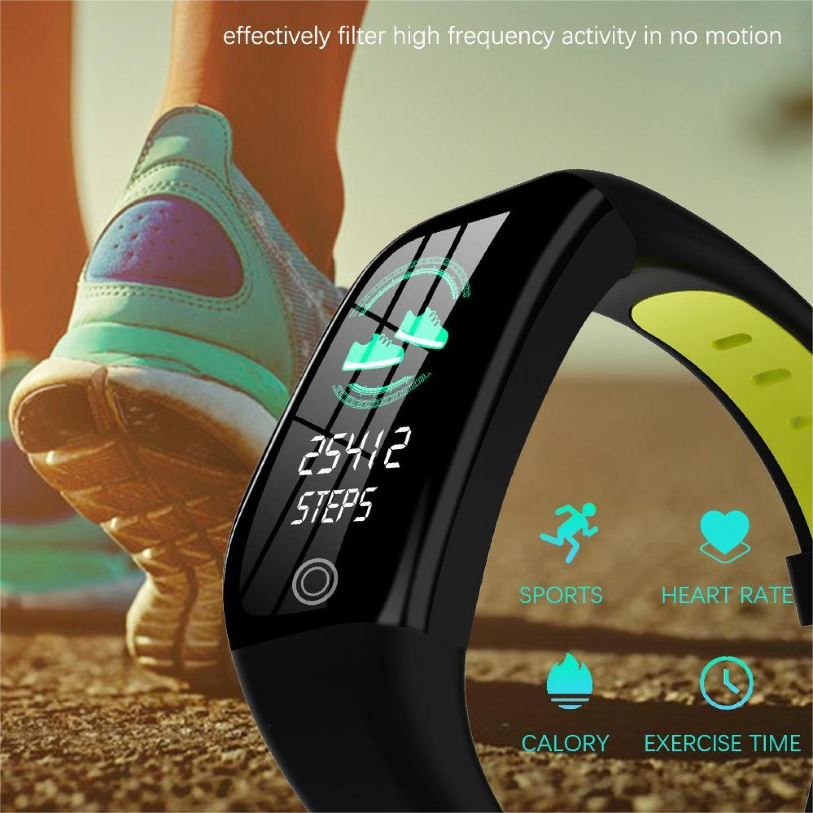Ein Fitnesstracker zeigt Schritte, Symbole für Sport, Herzfrequenz, Kalorien und Trainingszeit. Im Hintergrund ist ein Schuh zu sehen.