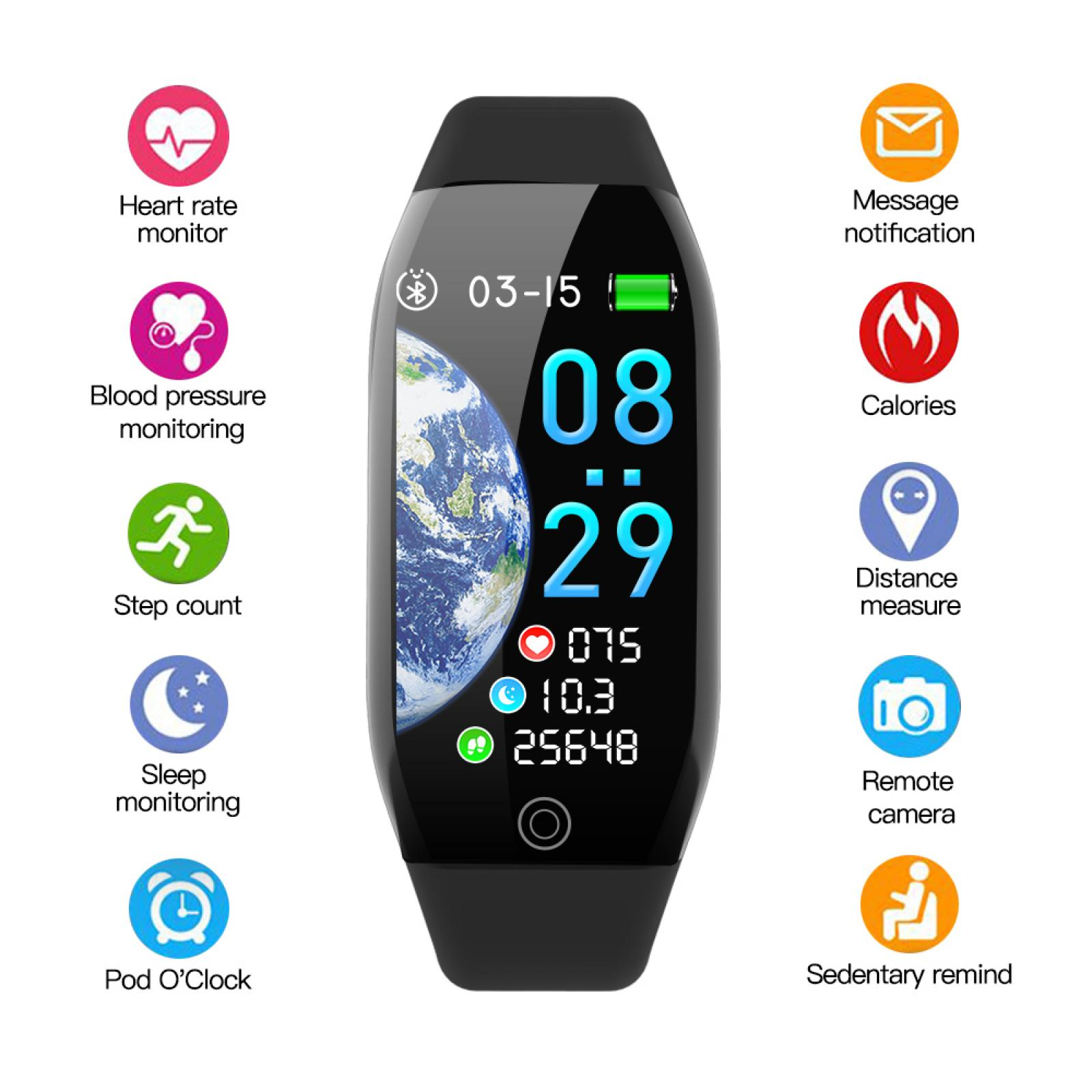 Schwarze Smartwatch mit Anzeige von Uhrzeit, Datum und Gesundheitsdaten. Symbole für Herzfrequenz, Schritte, Schlaf usw. sind sichtbar.