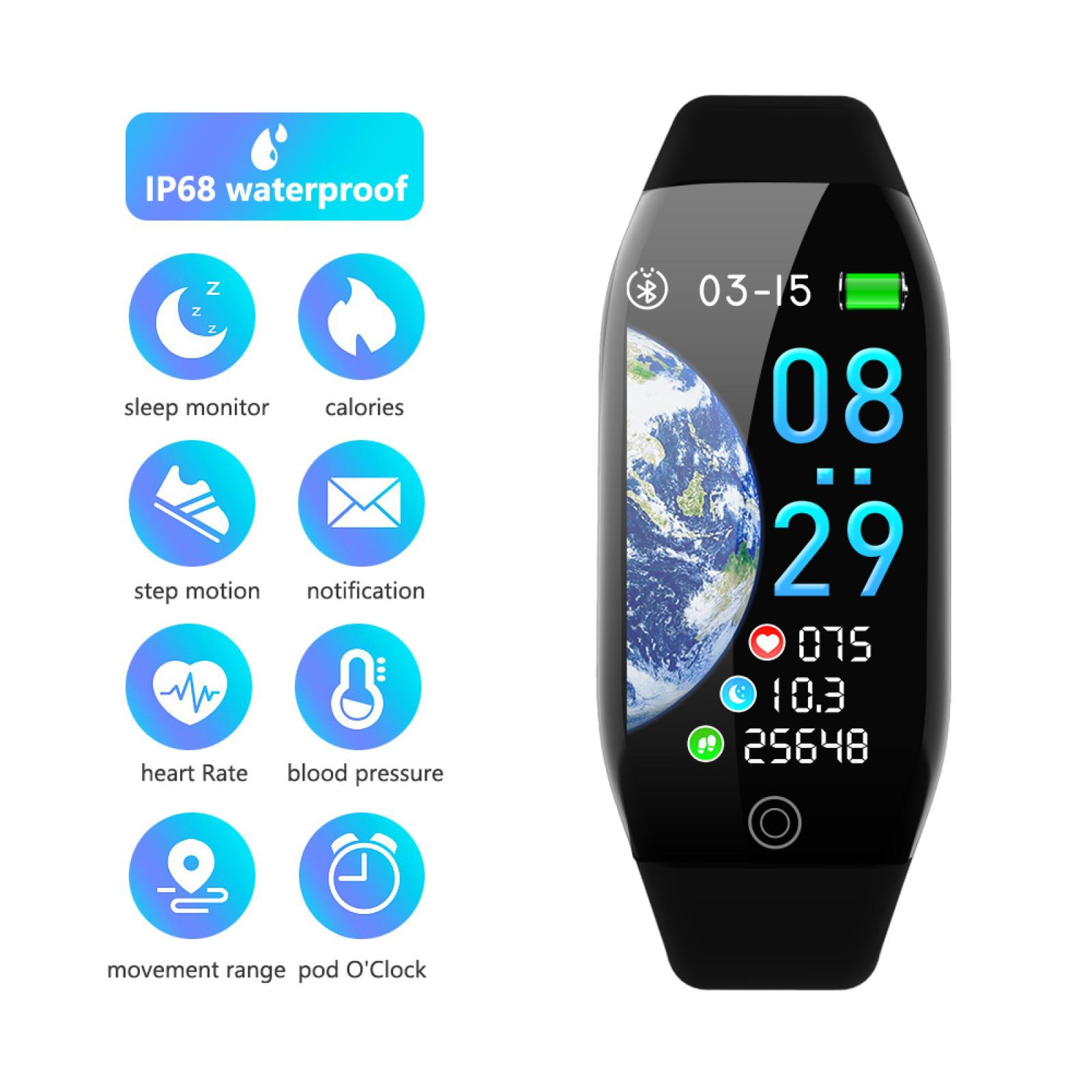 Eine schwarze Smartwatch zeigt Zeit, Datum und Gesundheitsmetriken an. Symbole zeigen Schlaf, Kalorien, Schritte, Benachrichtigungen, Herzfrequenz und Blutdruck an.